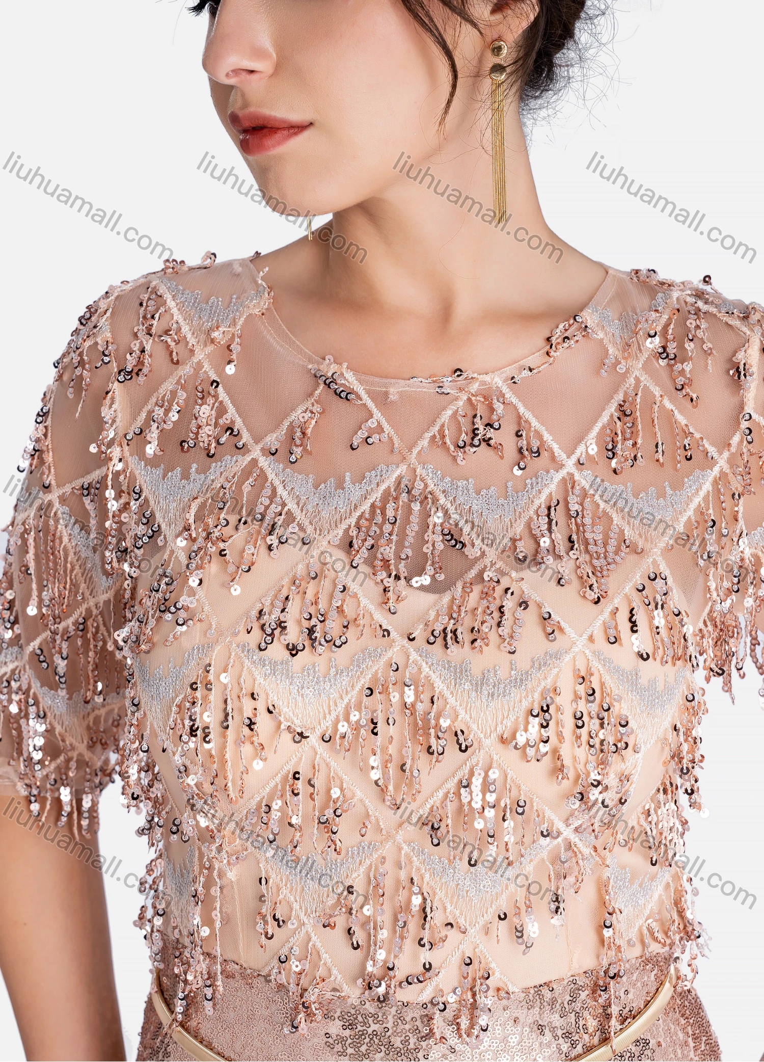 Wholesale Women's Elegant Crew Neck Sequin Fringe Evening Dress - Liuhuamall