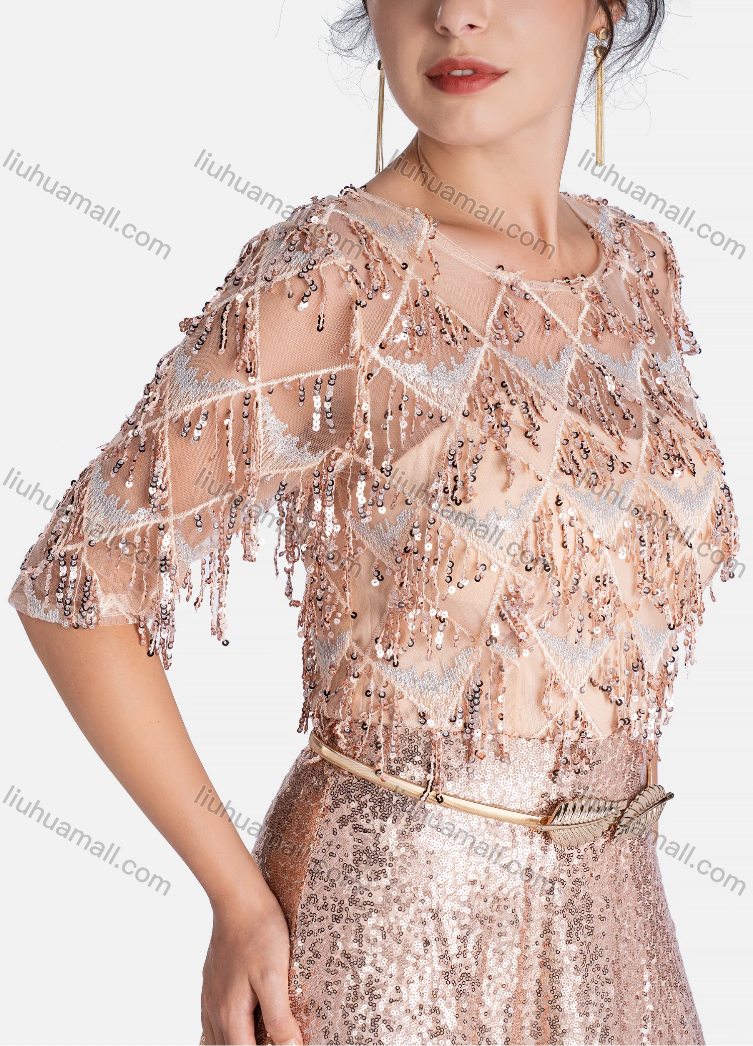 Wholesale Women's Elegant Crew Neck Sequin Fringe Evening Dress - Liuhuamall