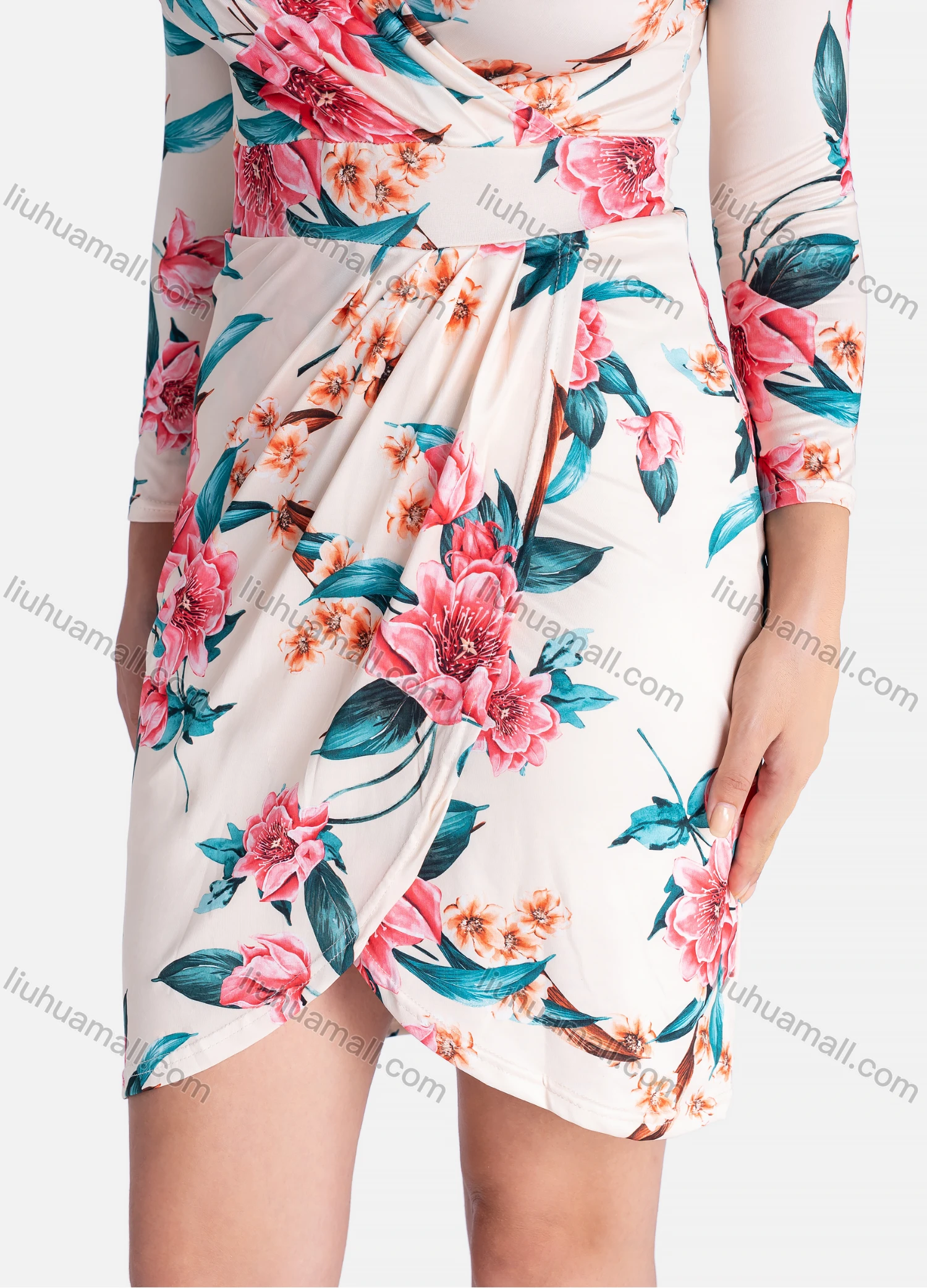 Wholesale Women's Casual Floral Print V Neck Long Sleeve Wrap Hem Short Dress - Liuhuamall
