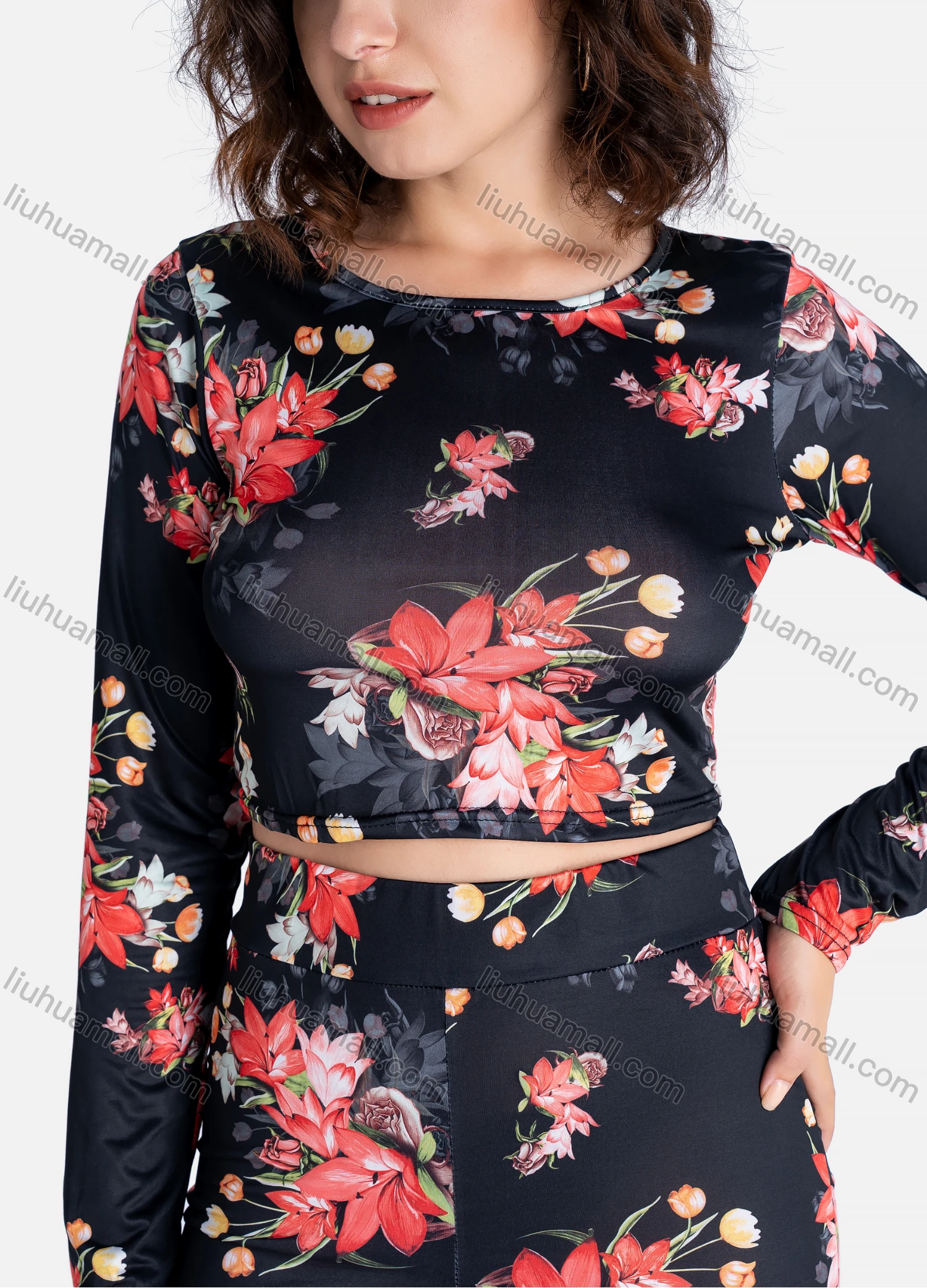 Wholesale Women's Casual Floral Print Round Neck Long Sleeve Crop Top & Legging 2 Pieces Set - Liuhuamall