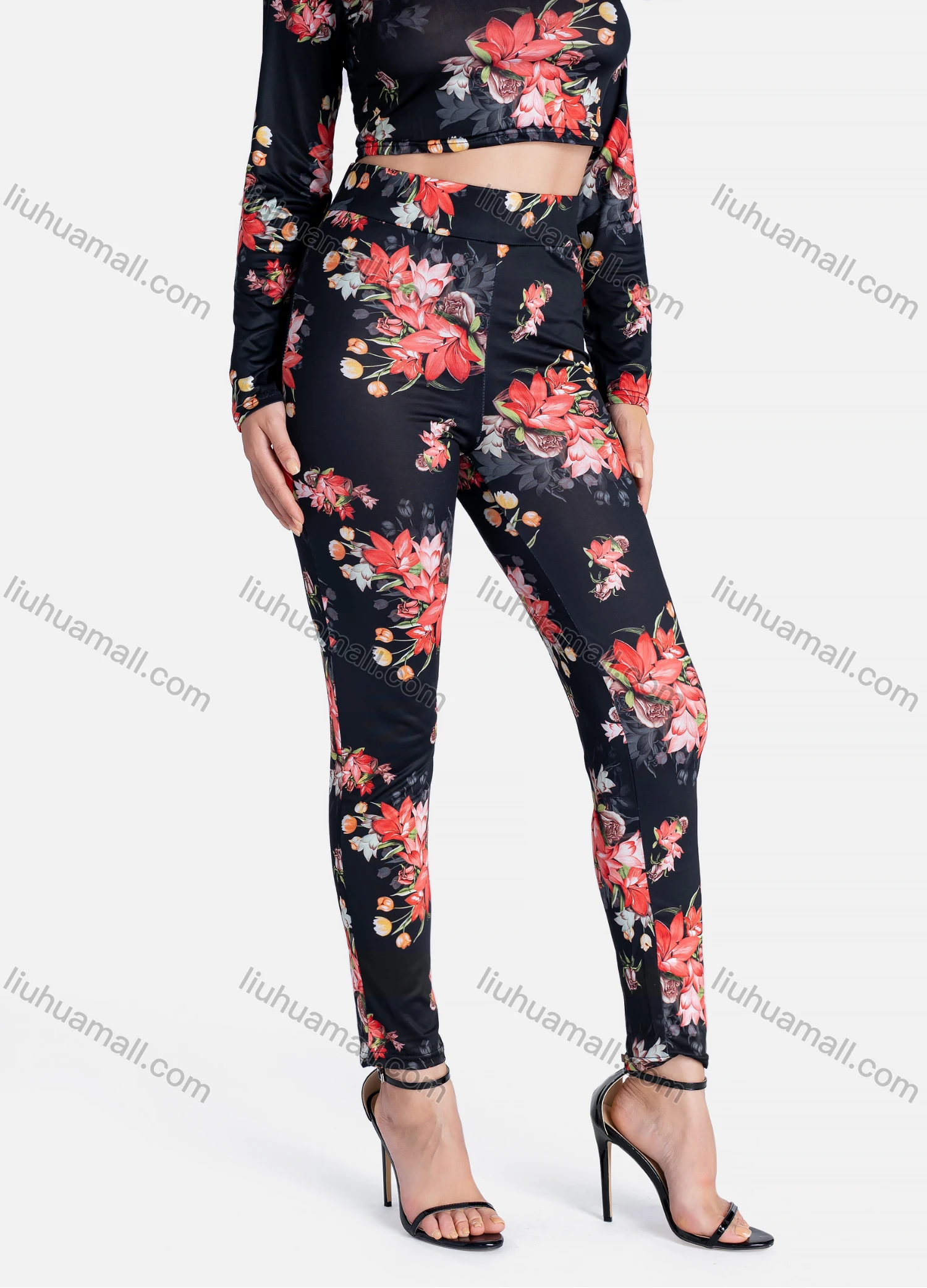 Wholesale Women's Casual Floral Print Round Neck Long Sleeve Crop Top & Legging 2 Pieces Set - Liuhuamall