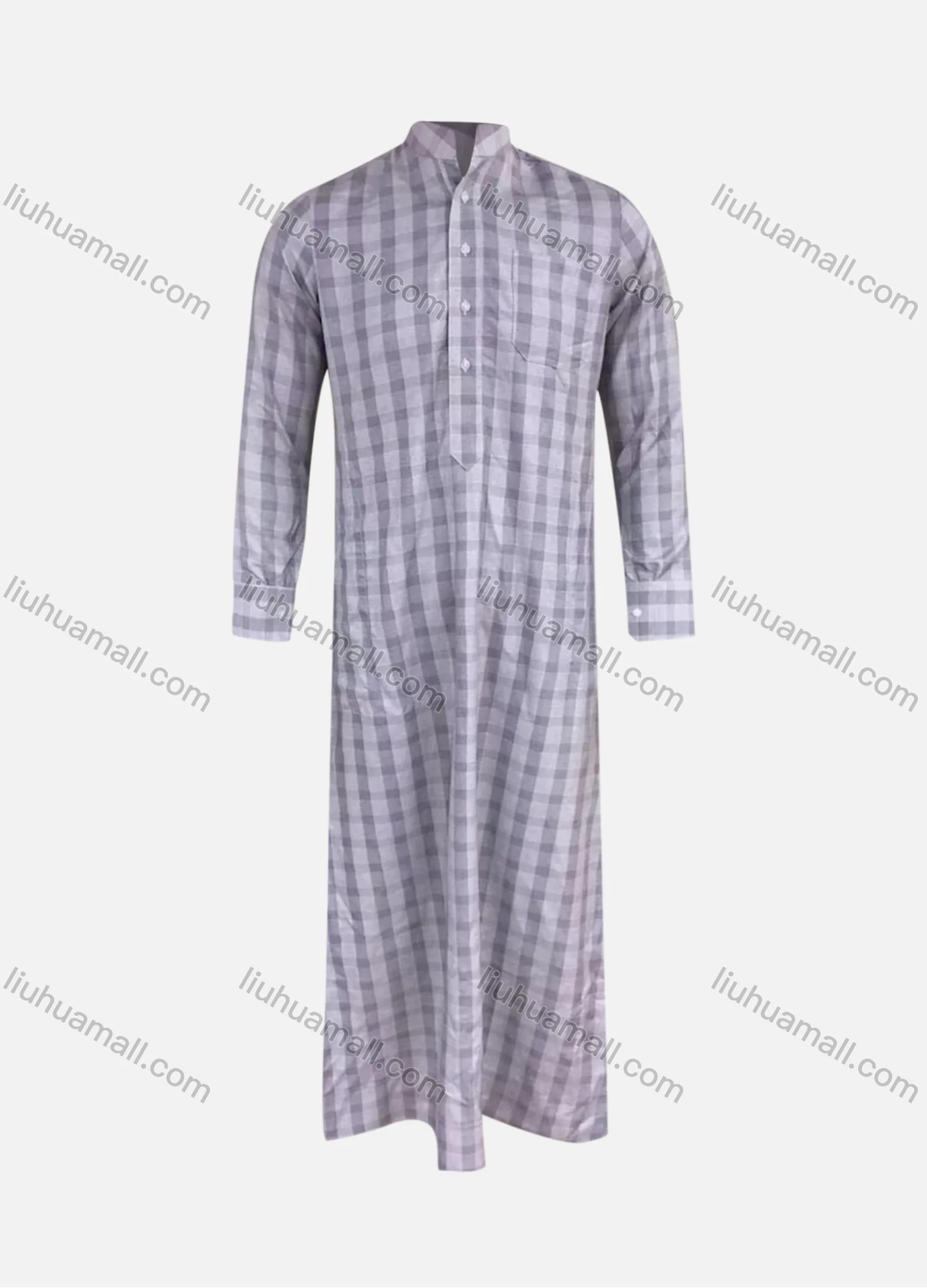 Wholesale Men's Modest Muslim Plaid Print Stand Collar Button Front Patch Pocket Middle East Ramadan Muslim Arabic Robe - Liuhuamall