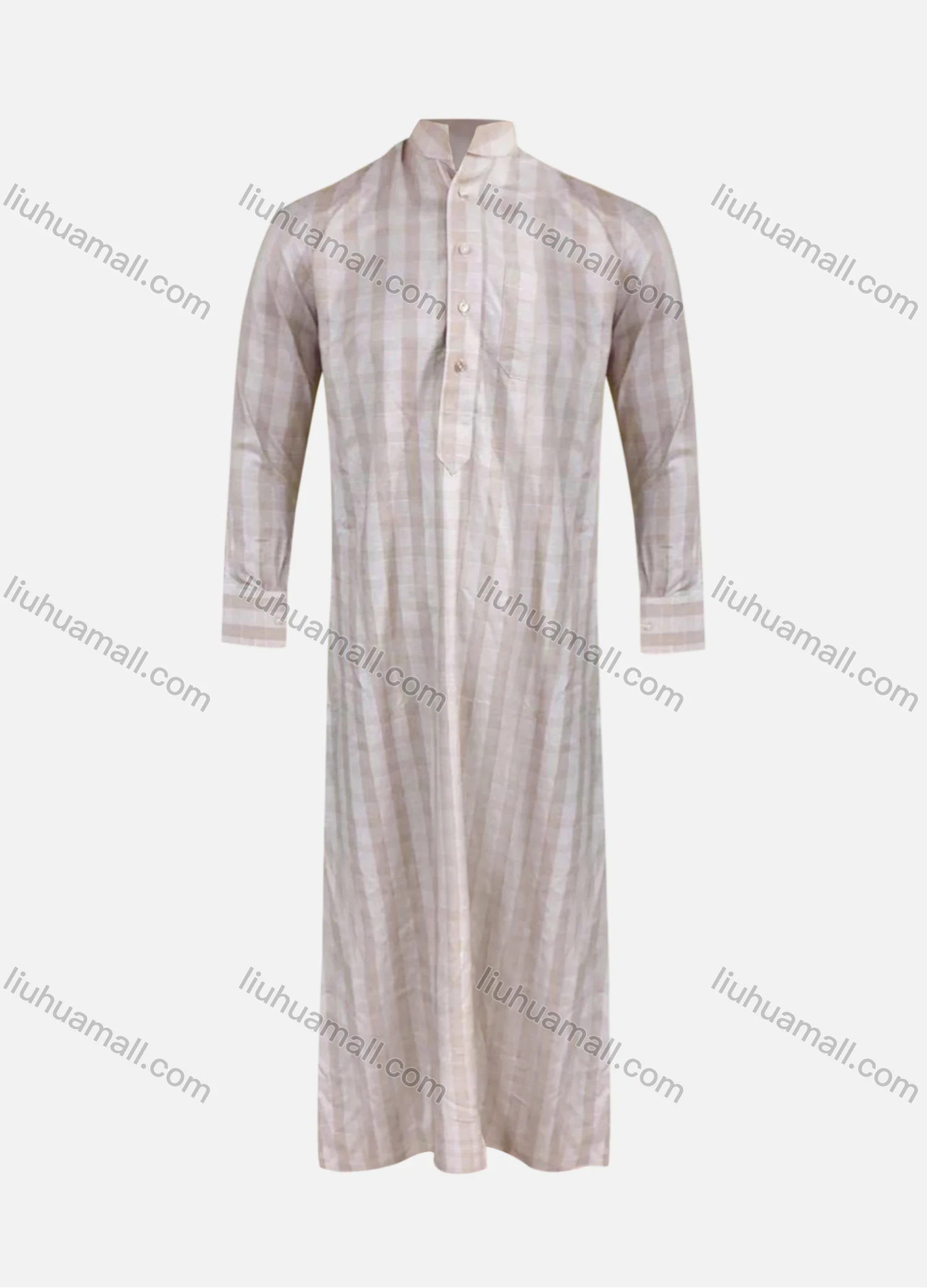 Wholesale Men's Modest Muslim Plaid Print Stand Collar Button Front Patch Pocket Middle East Ramadan Muslim Arabic Robe - Liuhuamall