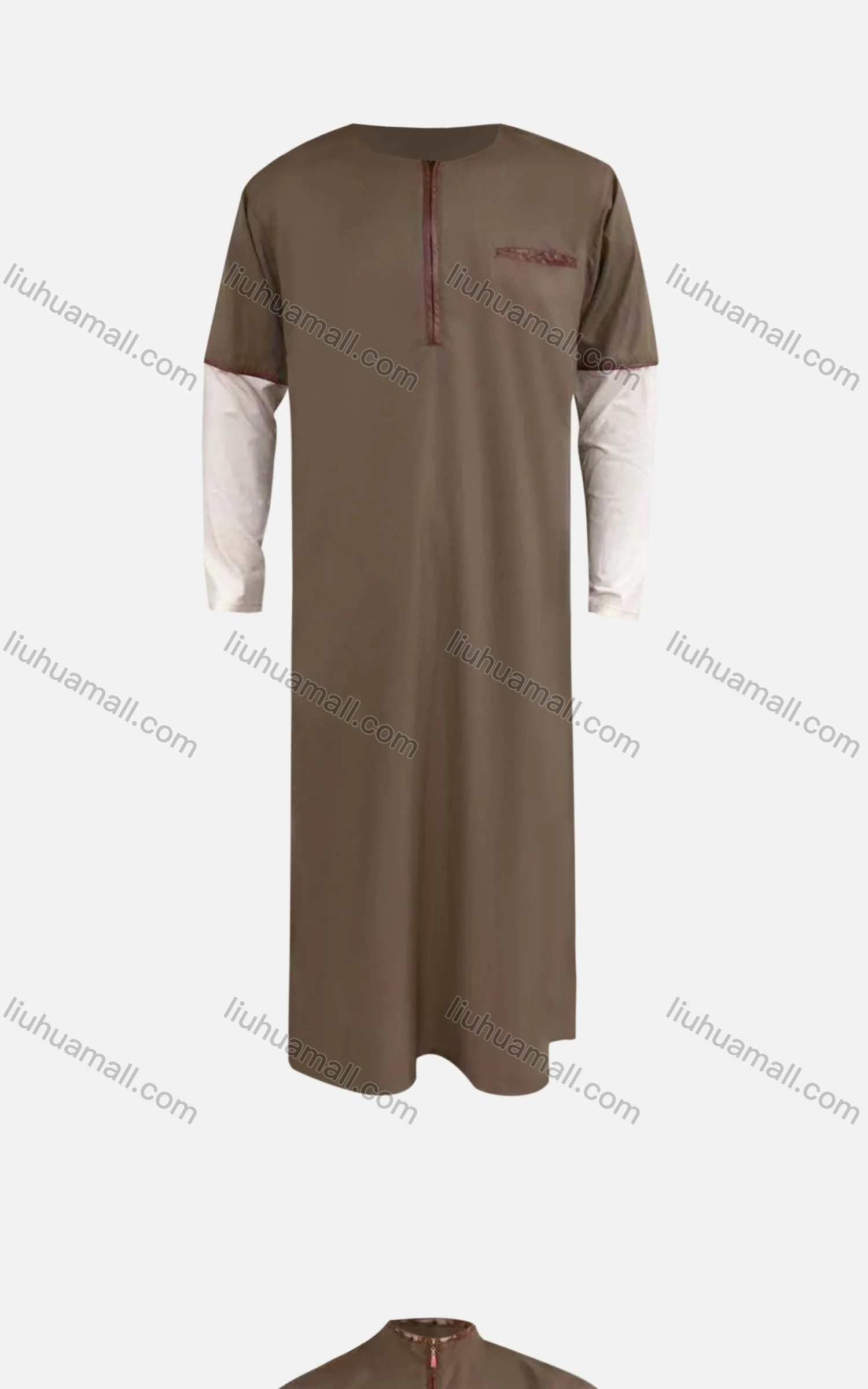 Wholesale Men's Modest Mock Neck Plain Zipper Front Patch Pocket Splicing Pakistani Middle East Ramadan Muslim Arabic Robe - Liuhuamall