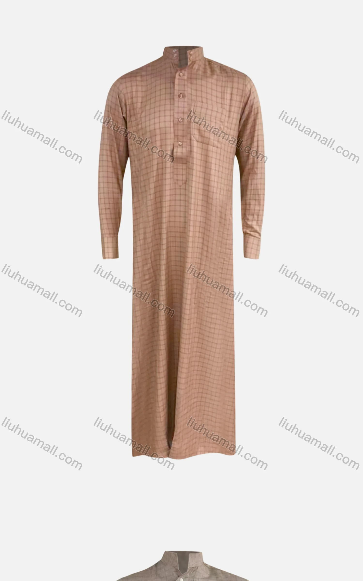 Wholesale Men's Modest Pakistani Stand Collar Plaid Print Button Front Patch Pocket Middle East Ramadan Muslim Arabic Robe - Liuhuamall