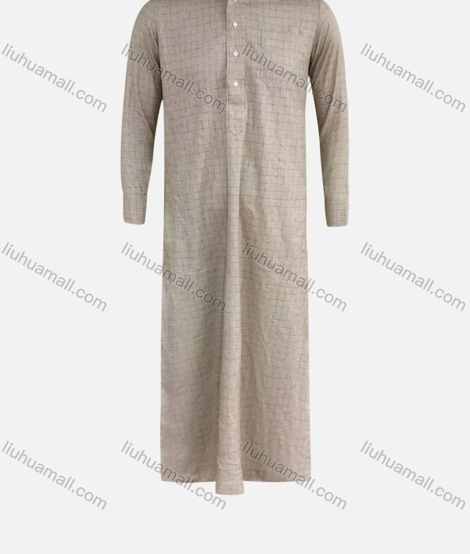 Wholesale Men's Modest Pakistani Stand Collar Plaid Print Button Front Patch Pocket Middle East Ramadan Muslim Arabic Robe - Liuhuamall