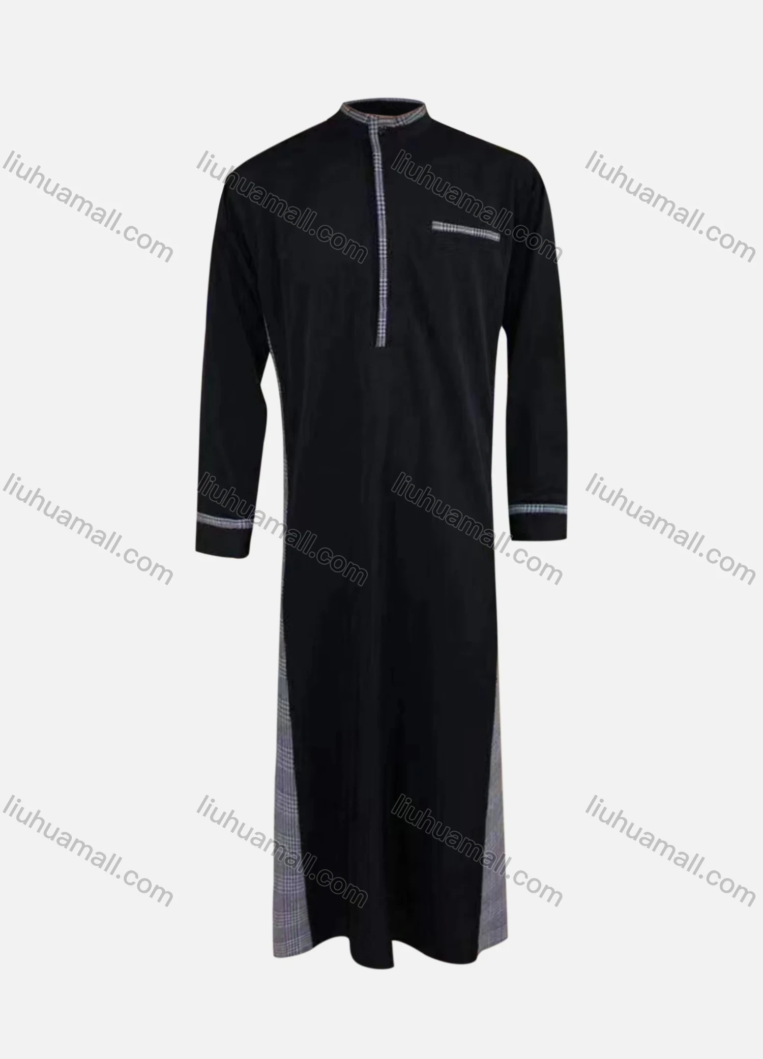 Wholesale Men's Stand Collar Plain Splicing Plaid Patch Pocket Jubba Middle East Ramadan Formal Muslim Arabic Robe - Liuhuamall