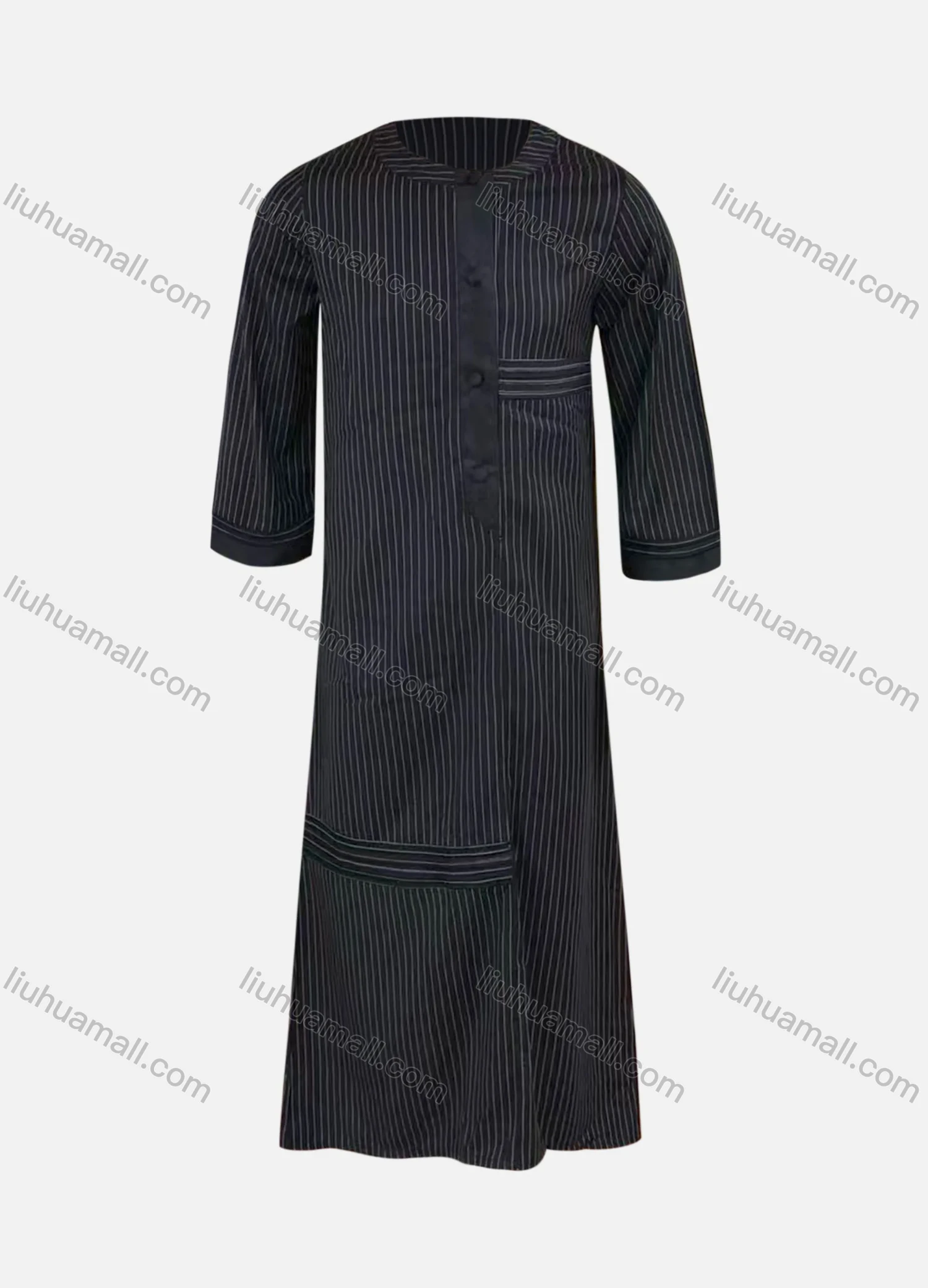 Wholesale Men's Modest Round Neck 3/4 Sleeve Striped Print Button Front Middle East Ramadan Muslim Arabic Robe - Liuhuamall