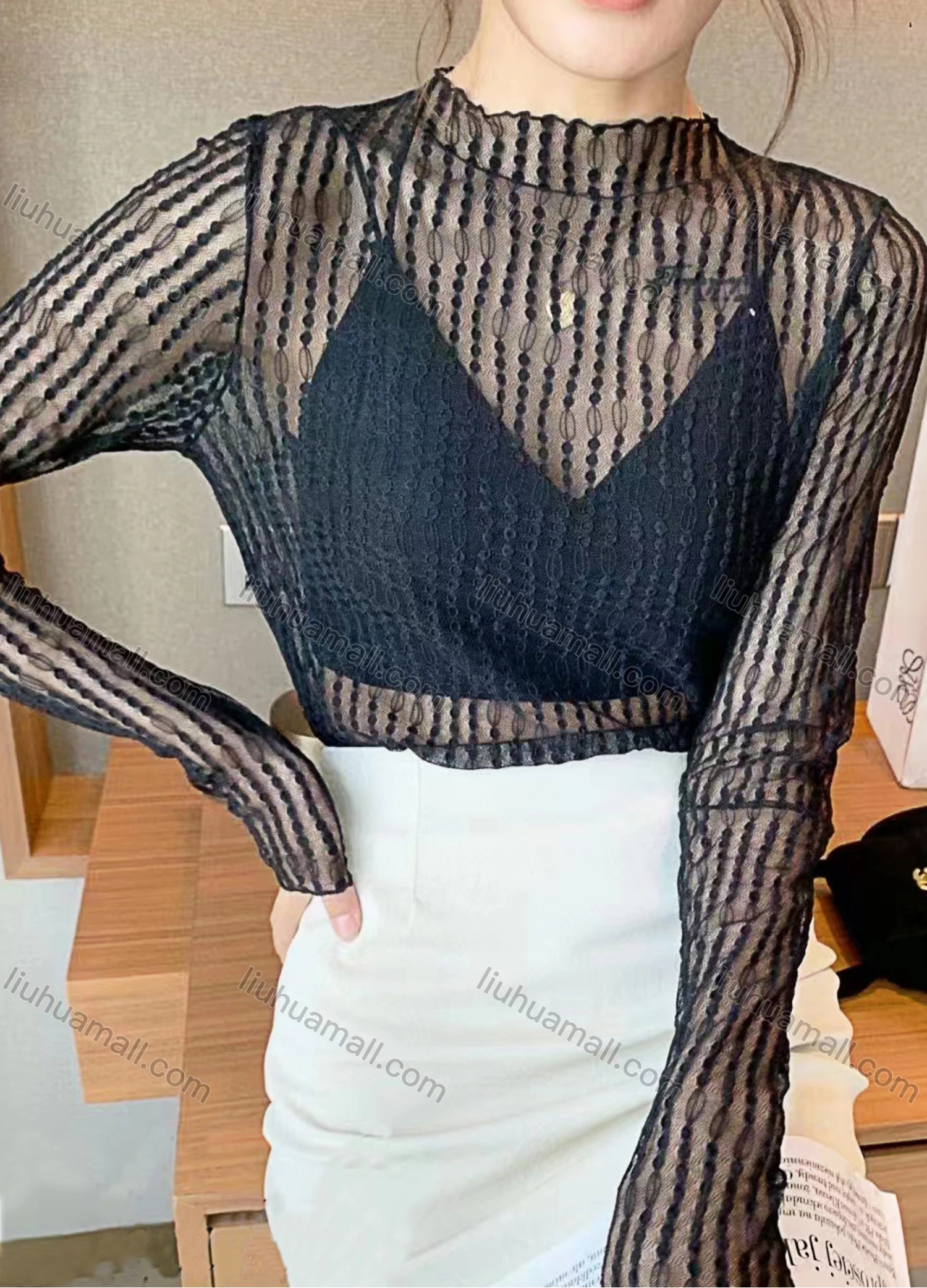 Wholesale Women's Casual Lace Mock Neck Semi-sheer Long Sleeve Blouse - Liuhuamall