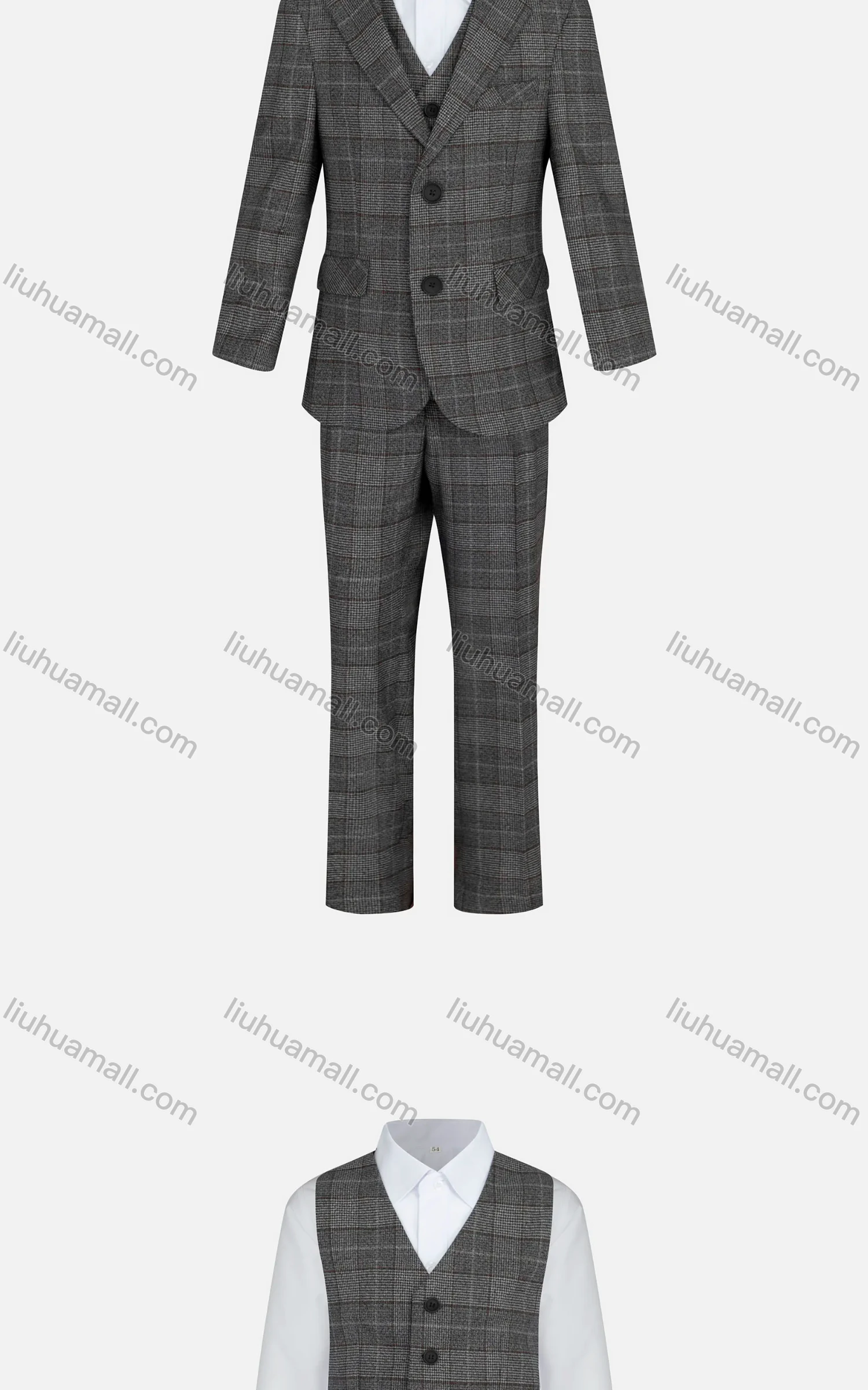 Wholesale Kid's Formal Lapel Pockets Plaid Print Single Breasted Blazer & Vest & Pant 3 Pieces Suit Set 31965-1# - Liuhuamall