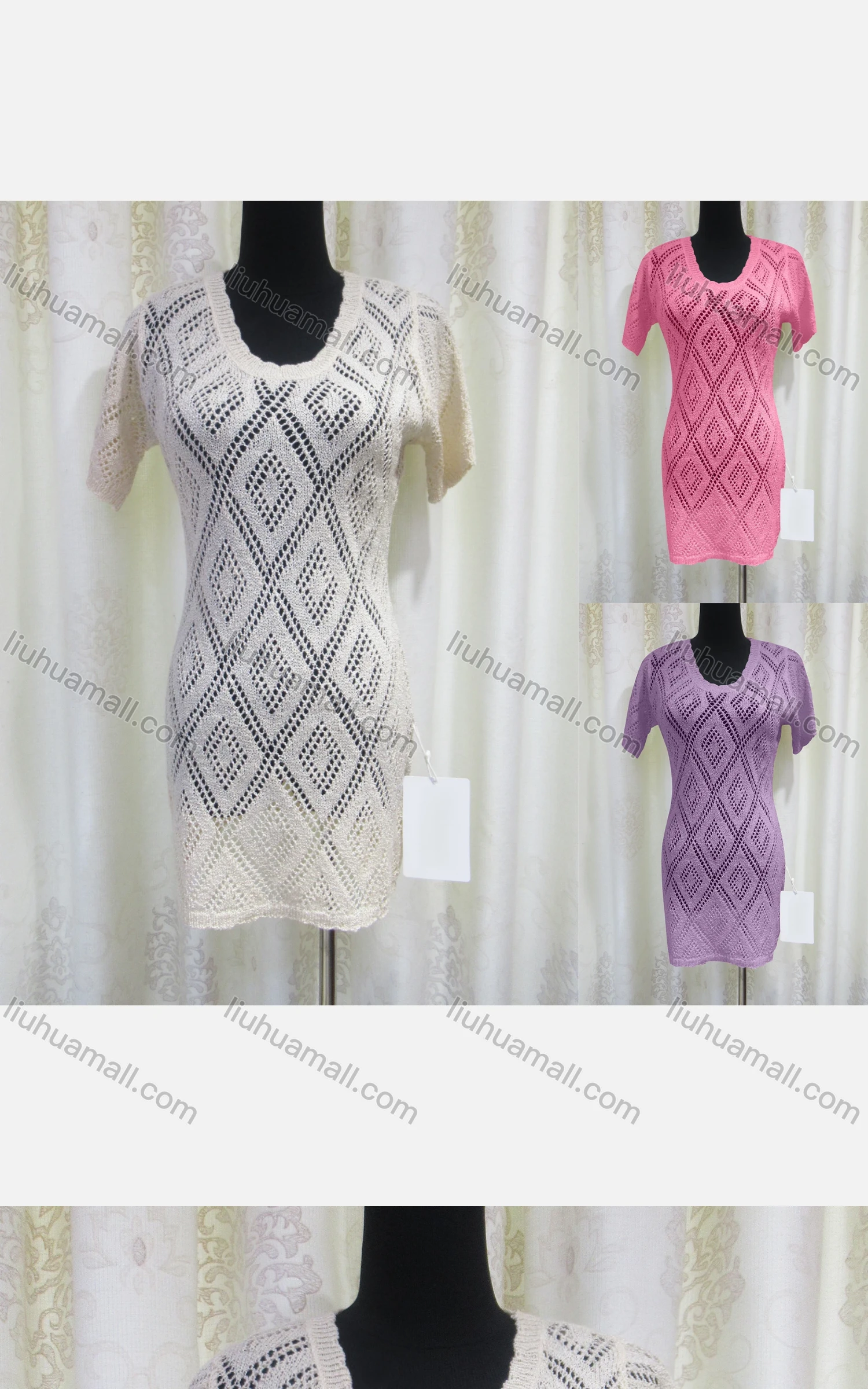 Wholesale Women's Casual Round Neck Short Sleeve Hollow Out Plain Knit Cover Up Dress - Liuhuamall