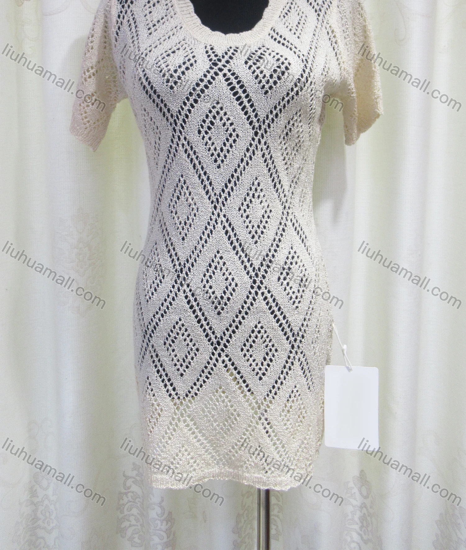 Wholesale Women's Casual Round Neck Short Sleeve Hollow Out Plain Knit Cover Up Dress - Liuhuamall