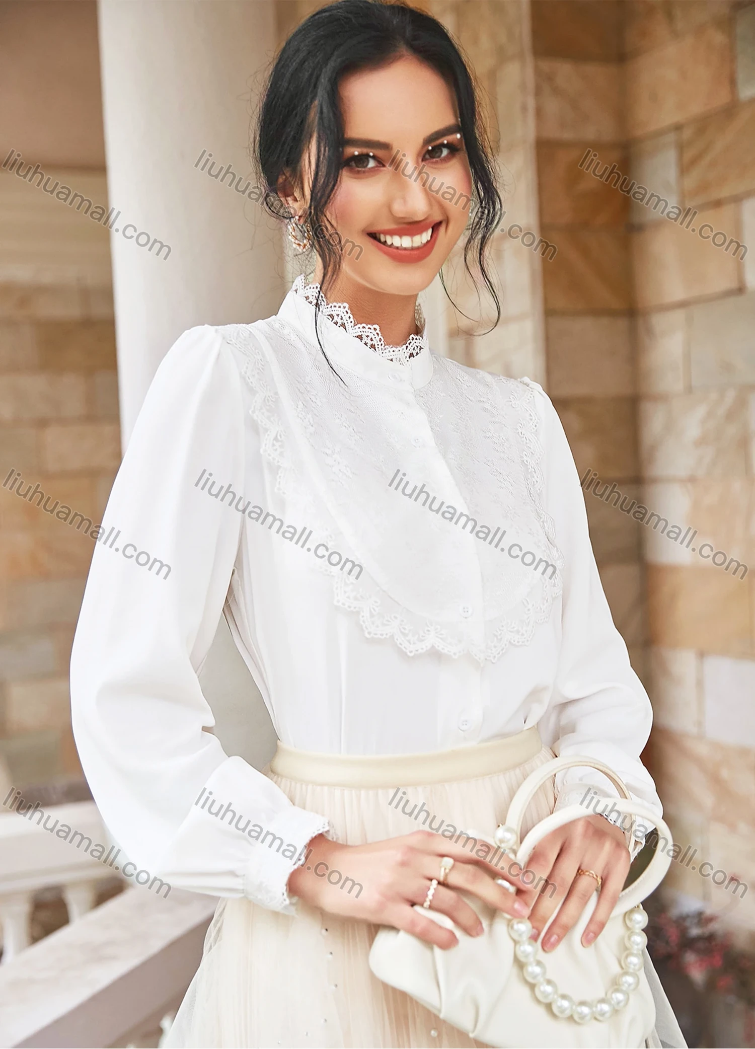 Wholesale Women's Casual Plain Lace Trim Applique Long Sleeve Button Down Blouse ZT20223# - Liuhuamall