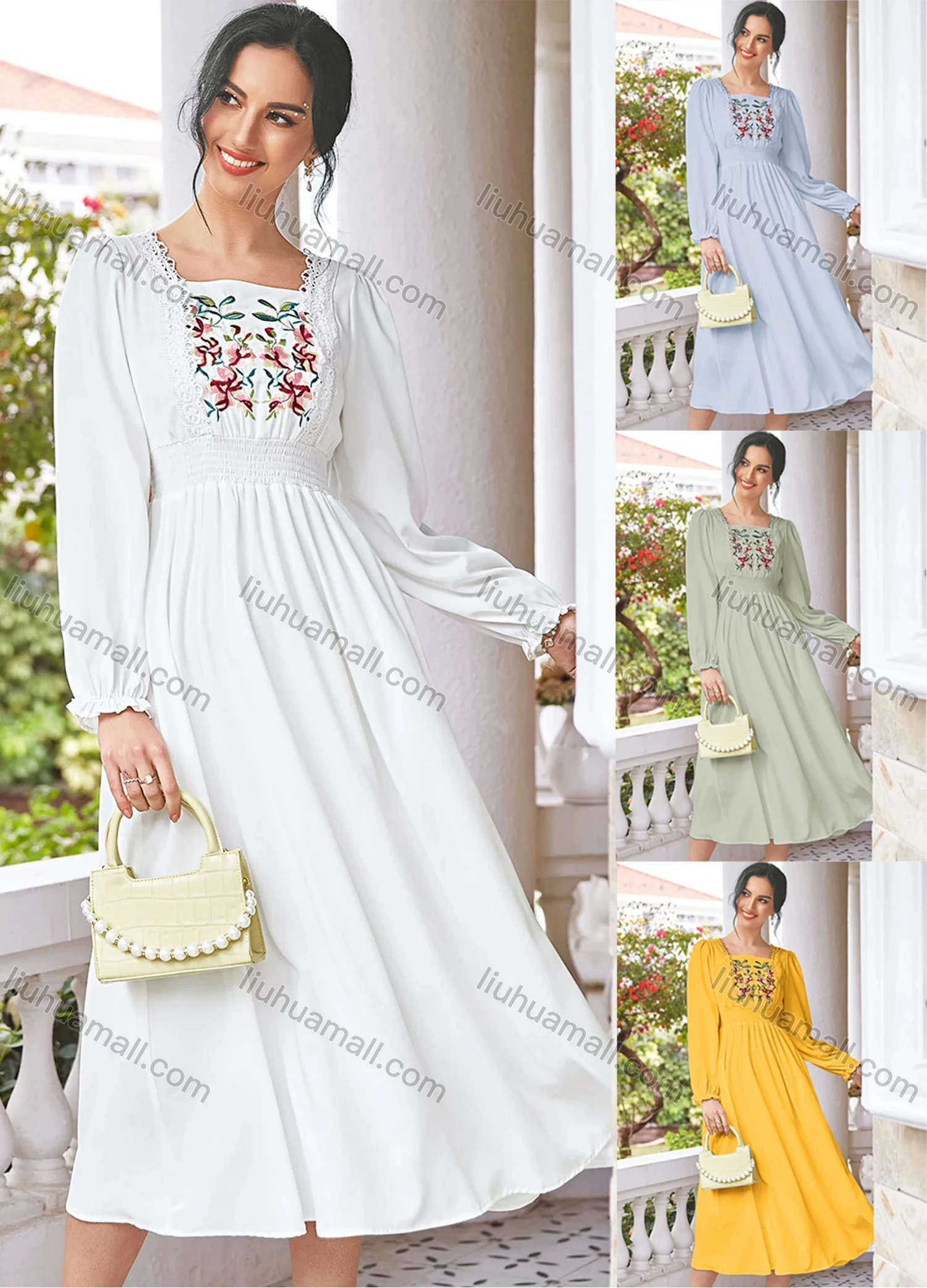 Wholesale Women's Casual Lace Trim Embroidery Shirred Long Sleeve Ruffle Hem Midi Dress ZT3003# - Liuhuamall