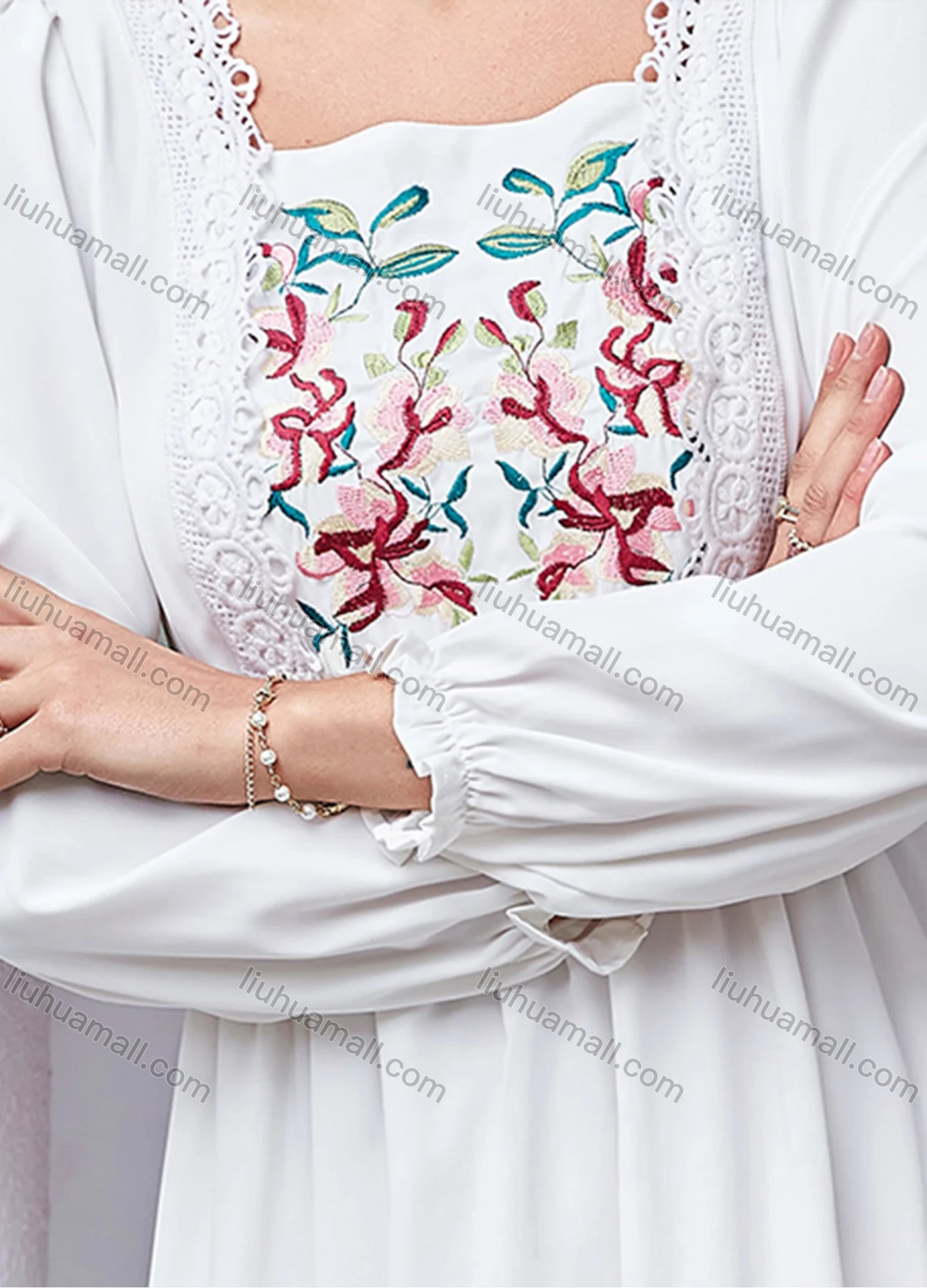 Wholesale Women's Casual Lace Trim Embroidery Shirred Long Sleeve Ruffle Hem Midi Dress ZT3003# - Liuhuamall