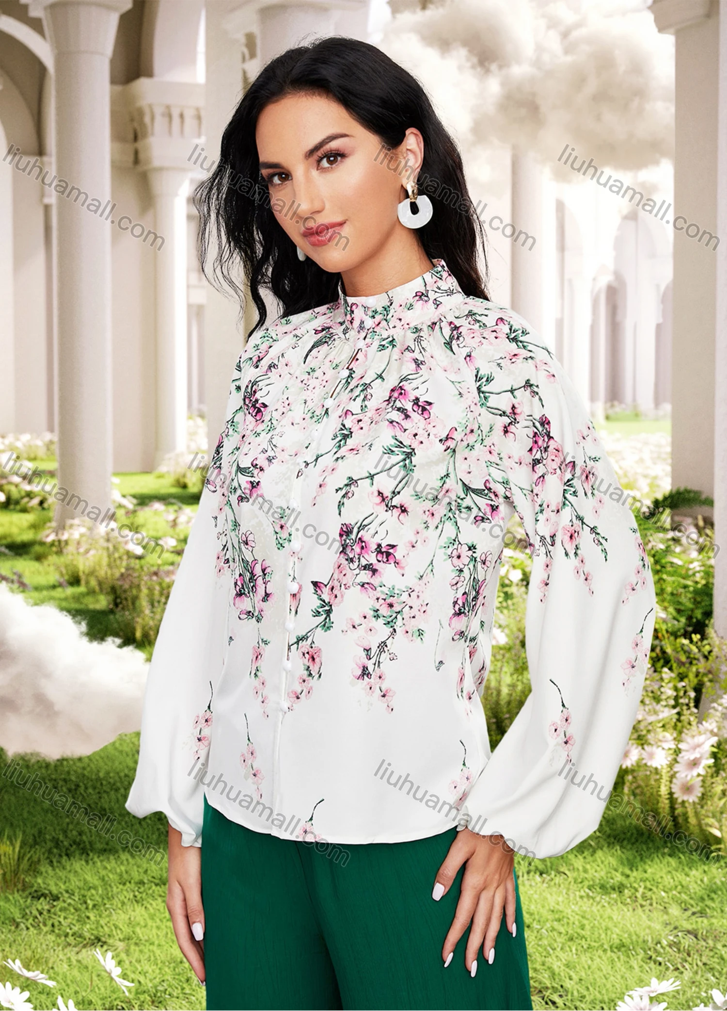 Wholesale Women's Casual Floral Print Mock Neck Long Sleeve Button Down Blouse - Liuhuamall