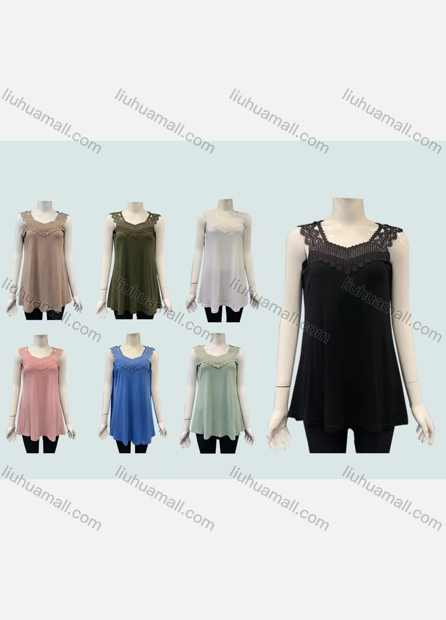 Wholesale Women's Casual Plain Splicing Guipure Lace Mid Length Tank Top - Liuhuamall