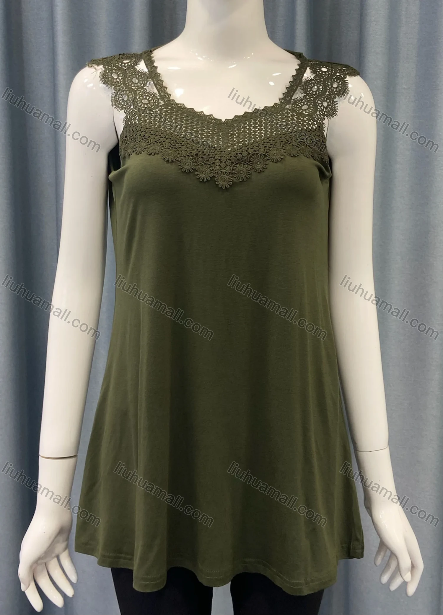 Wholesale Women's Casual Plain Splicing Guipure Lace Mid Length Tank Top - Liuhuamall