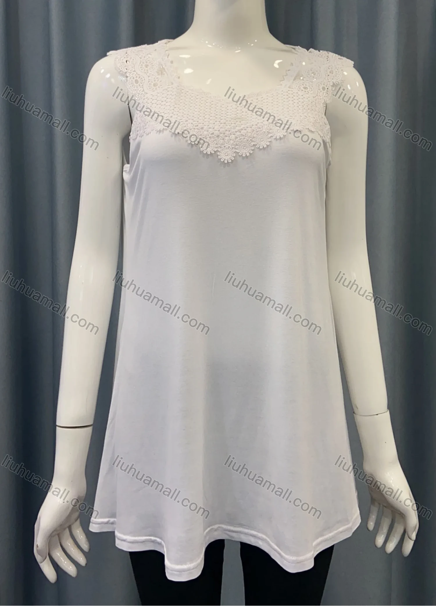 Wholesale Women's Casual Plain Splicing Guipure Lace Mid Length Tank Top - Liuhuamall