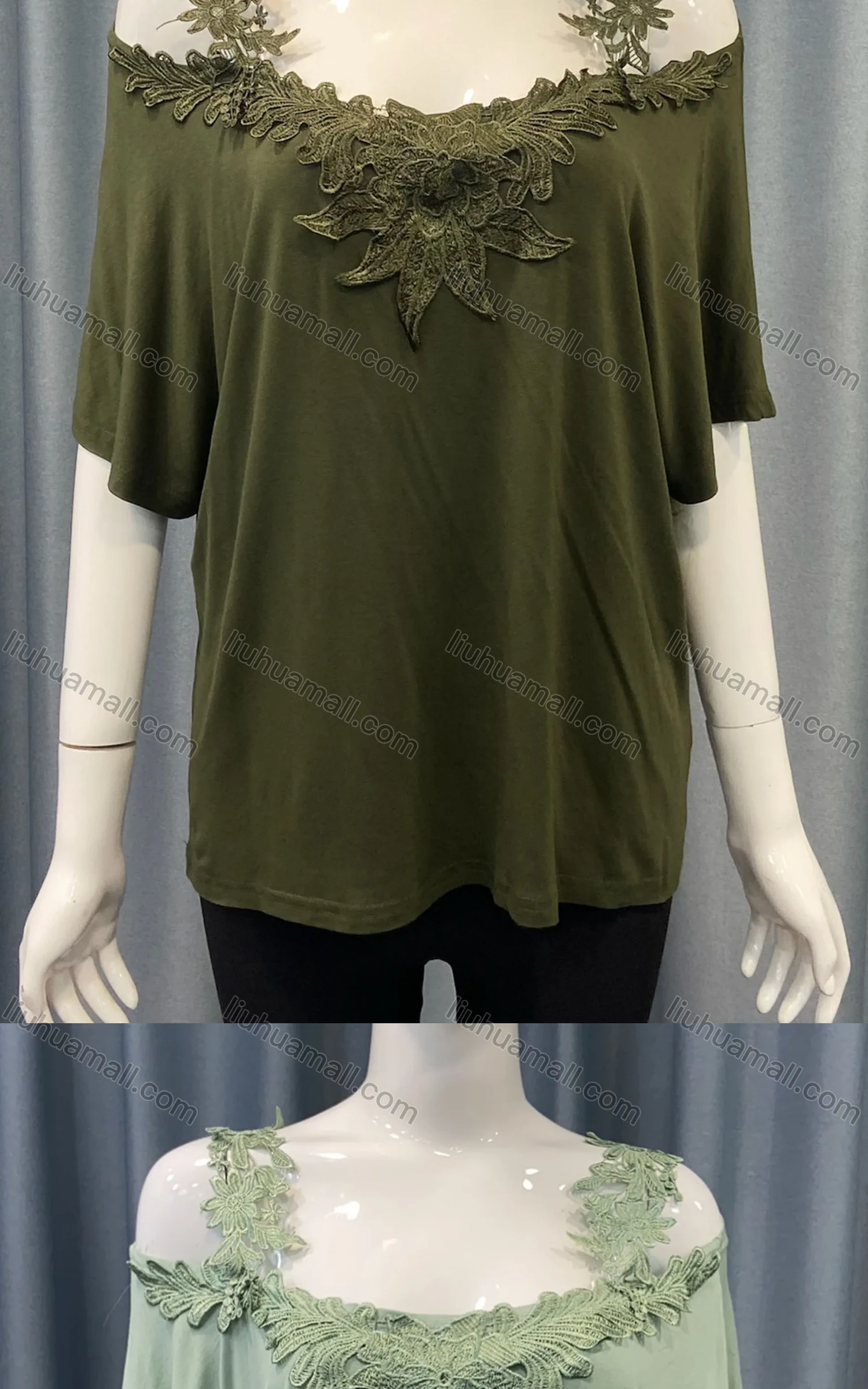 Wholesale Women's Casual Plain Splicing Appliques Cold Shoulder Lace Straps Blouse - Liuhuamall