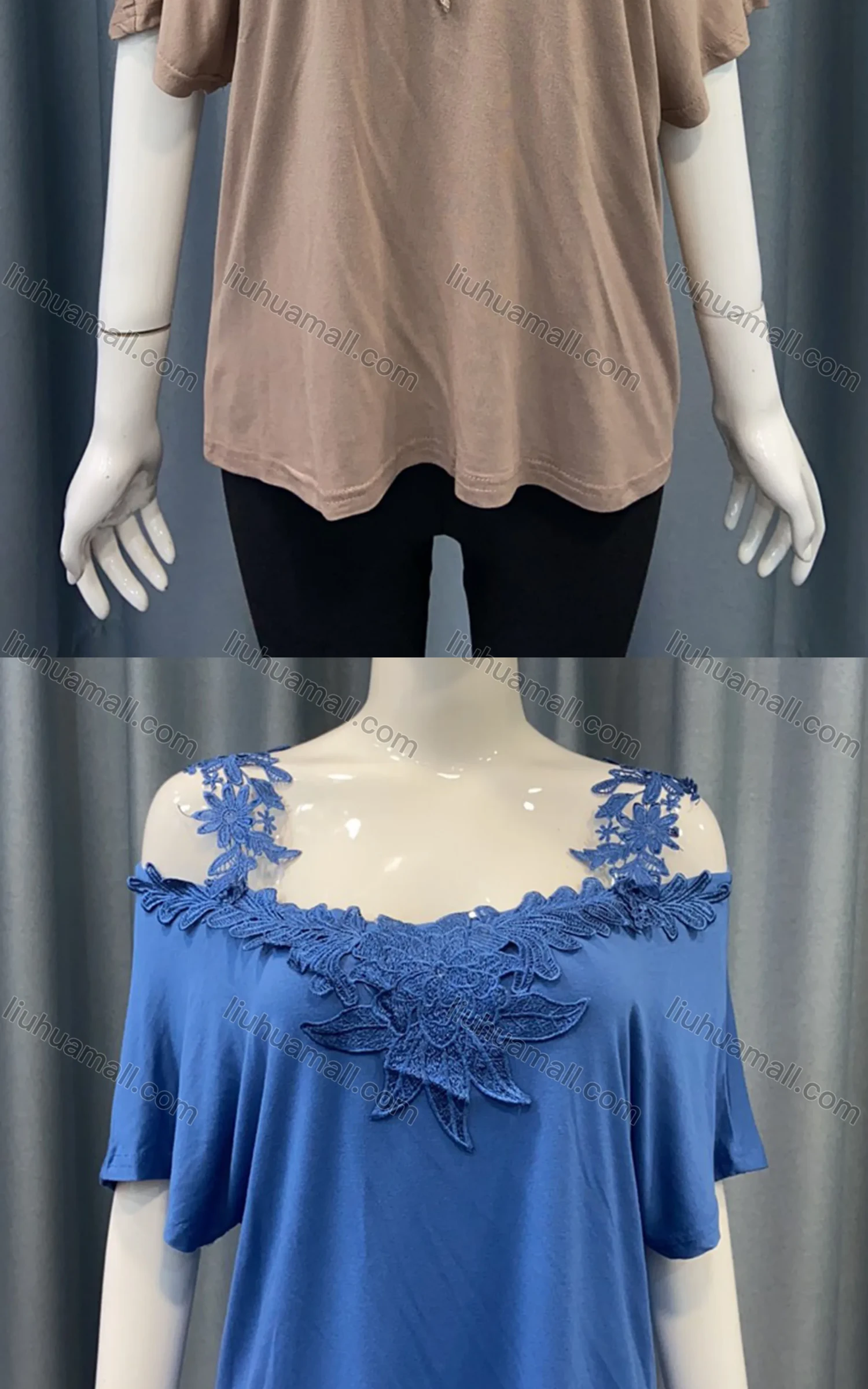 Wholesale Women's Casual Plain Splicing Appliques Cold Shoulder Lace Straps Blouse - Liuhuamall