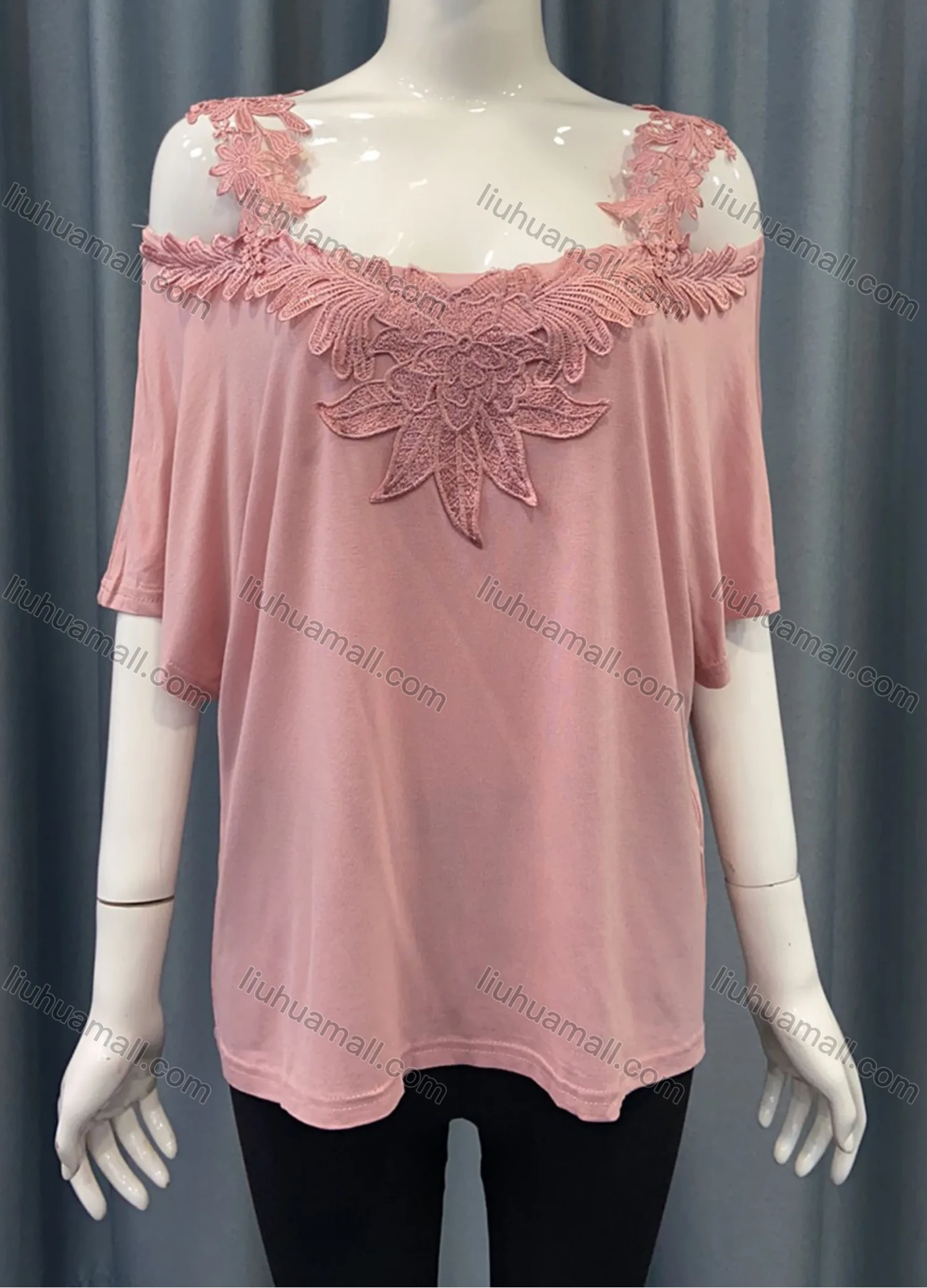 Wholesale Women's Casual Plain Splicing Appliques Cold Shoulder Lace Straps Blouse - Liuhuamall