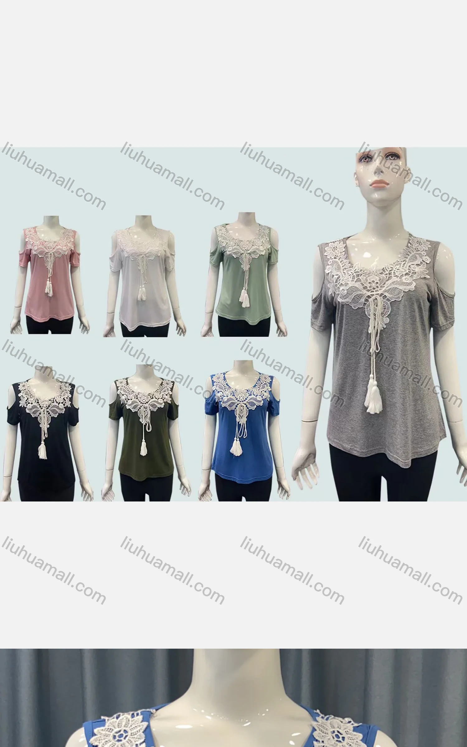 Wholesale Women's Casual Plain Lace Appliques Crew Neck Cold Shoulder Drawstring Blouse - Liuhuamall