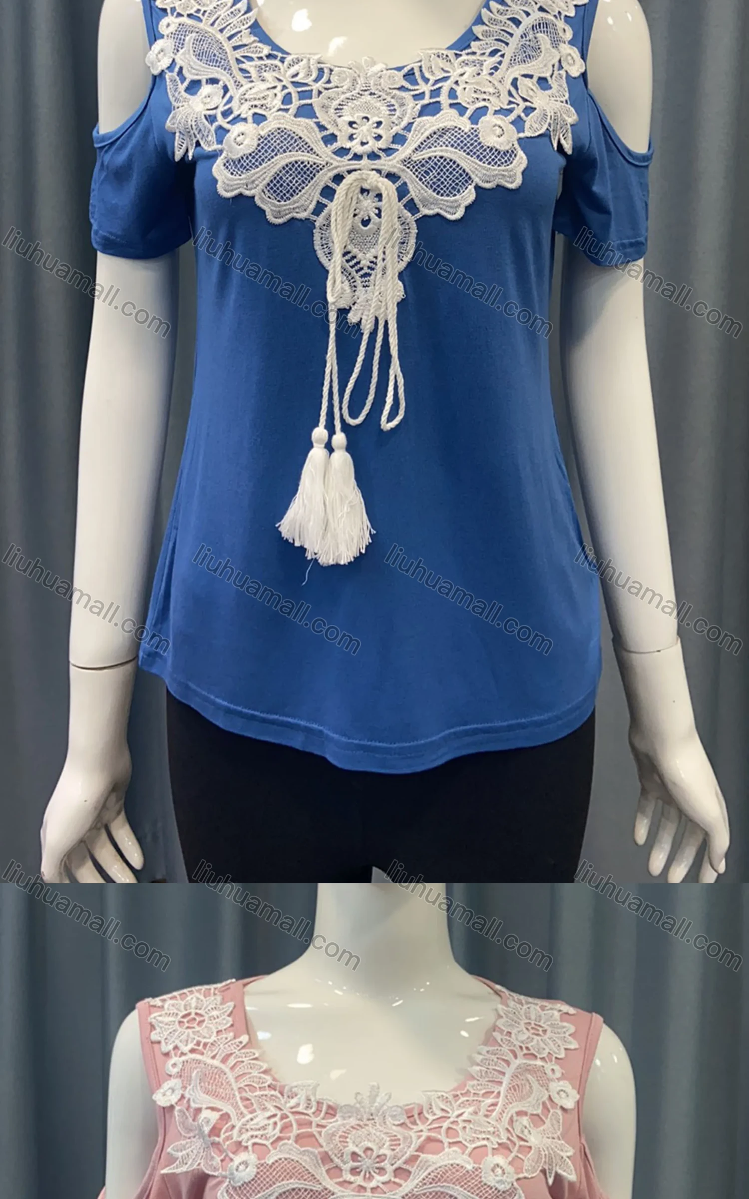 Wholesale Women's Casual Plain Lace Appliques Crew Neck Cold Shoulder Drawstring Blouse - Liuhuamall