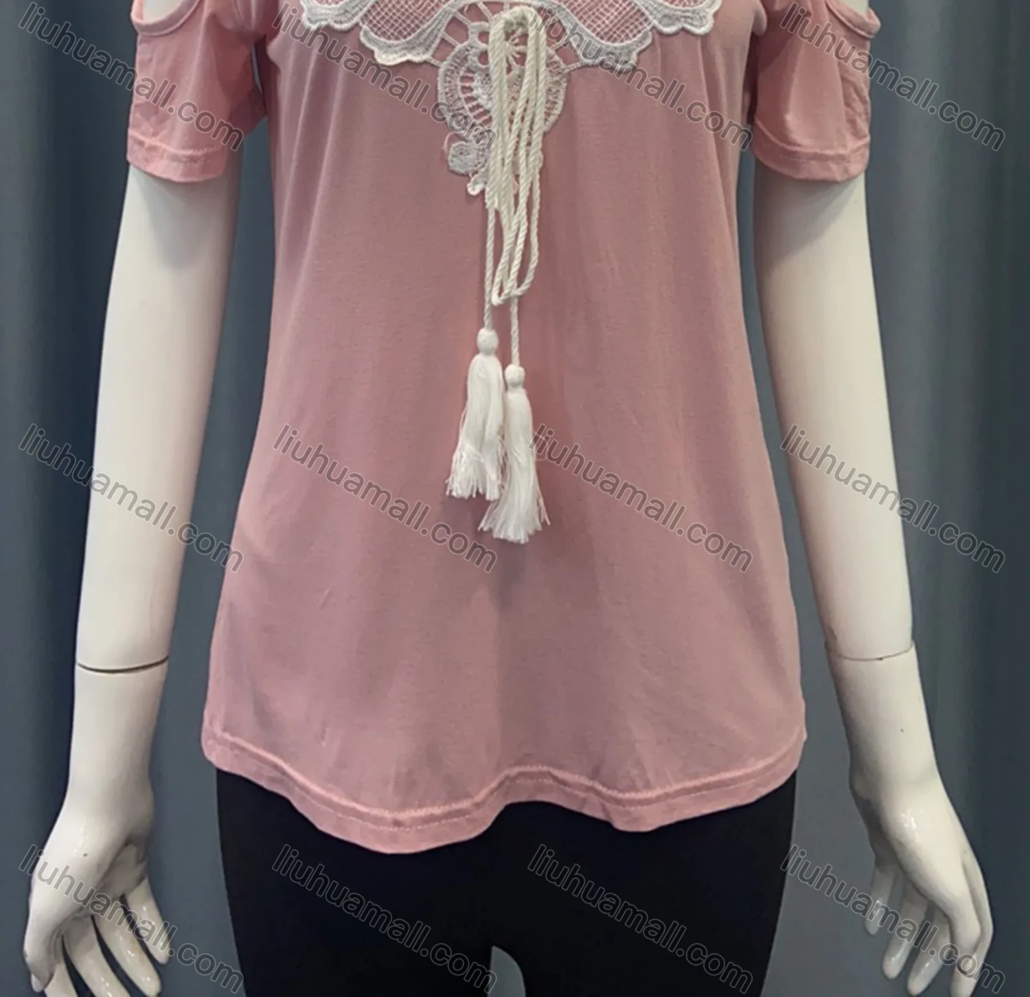 Wholesale Women's Casual Plain Lace Appliques Crew Neck Cold Shoulder Drawstring Blouse - Liuhuamall