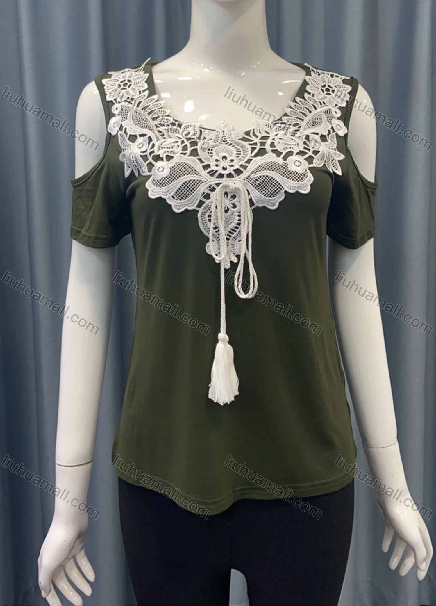 Wholesale Women's Casual Plain Lace Appliques Crew Neck Cold Shoulder Drawstring Blouse - Liuhuamall