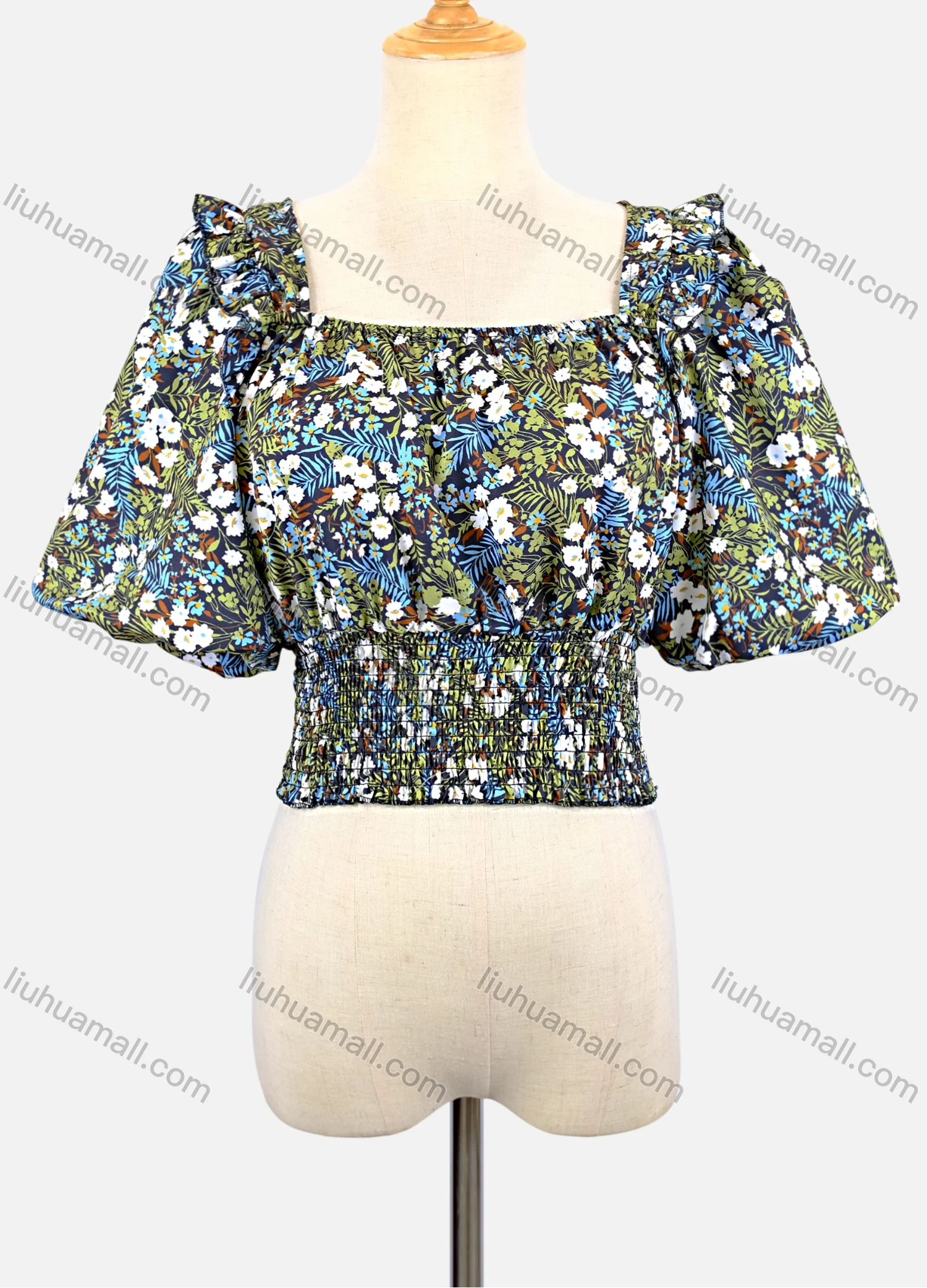 Wholesale Women's Casual Square Neck Lantern Sleeve Shirred Ruffle Trim Floral Print Crop Blouse - Liuhuamall