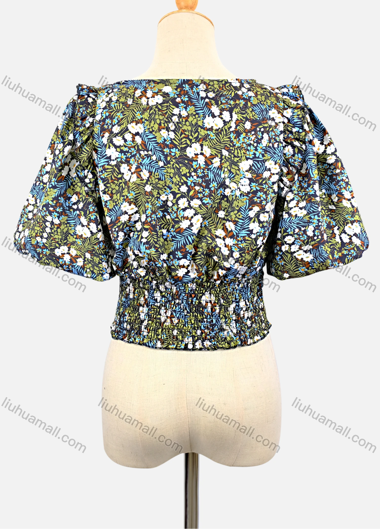 Wholesale Women's Casual Square Neck Lantern Sleeve Shirred Ruffle Trim Floral Print Crop Blouse - Liuhuamall