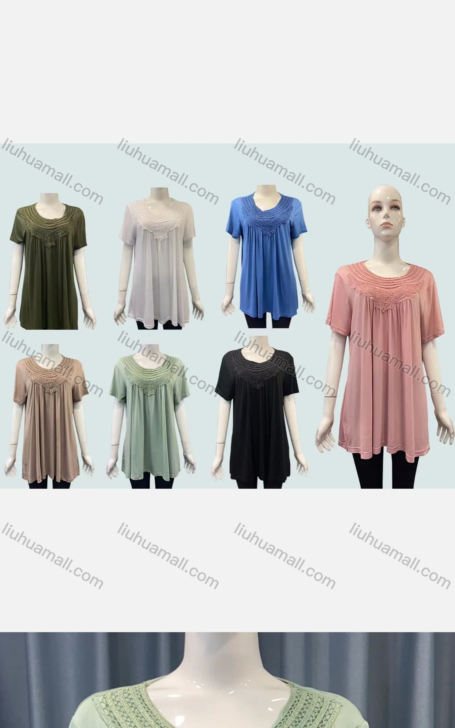 Wholesale Women's Casual Plain Guipure Lace Round Neck Short Sleeve Ruched Blouse - Liuhuamall