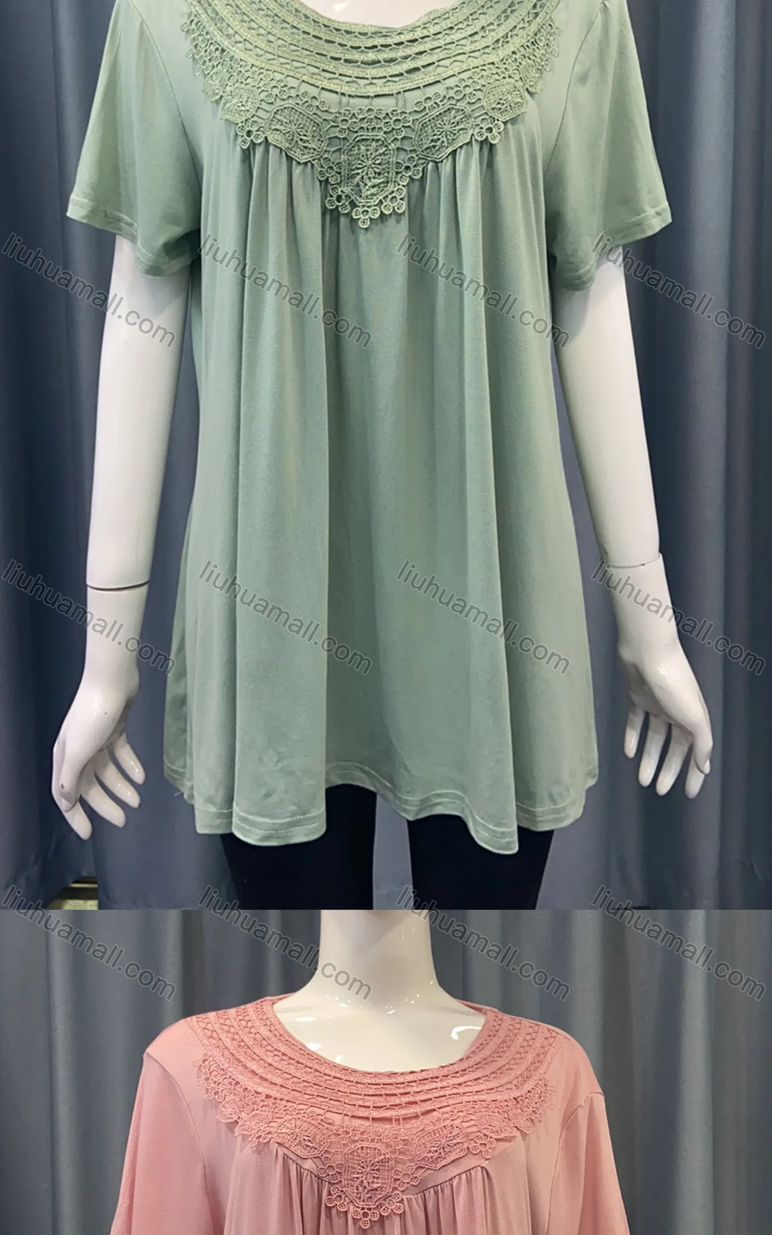 Wholesale Women's Casual Plain Guipure Lace Round Neck Short Sleeve Ruched Blouse - Liuhuamall