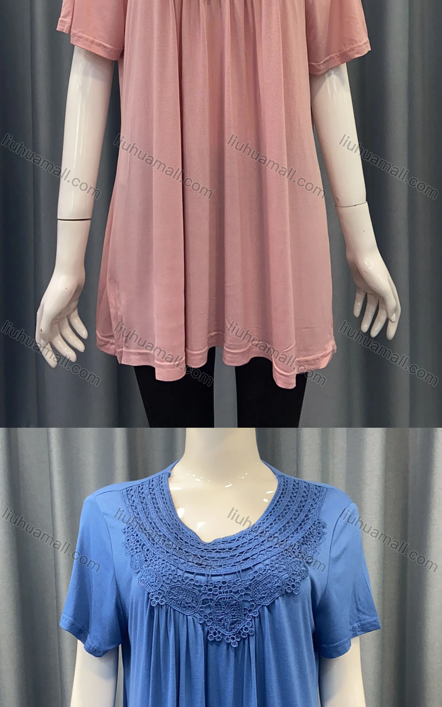 Wholesale Women's Casual Plain Guipure Lace Round Neck Short Sleeve Ruched Blouse - Liuhuamall