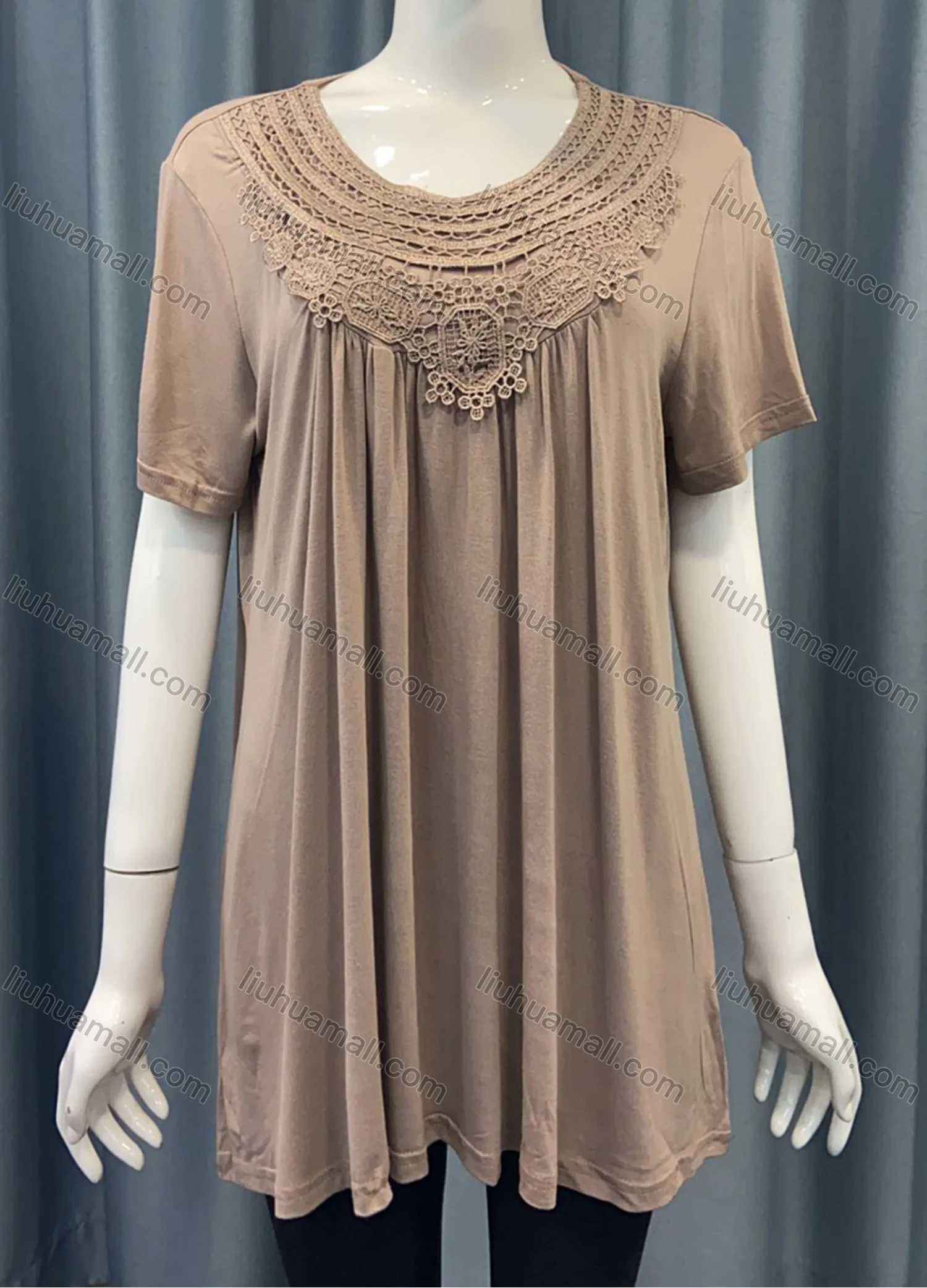 Wholesale Women's Casual Plain Guipure Lace Round Neck Short Sleeve Ruched Blouse - Liuhuamall