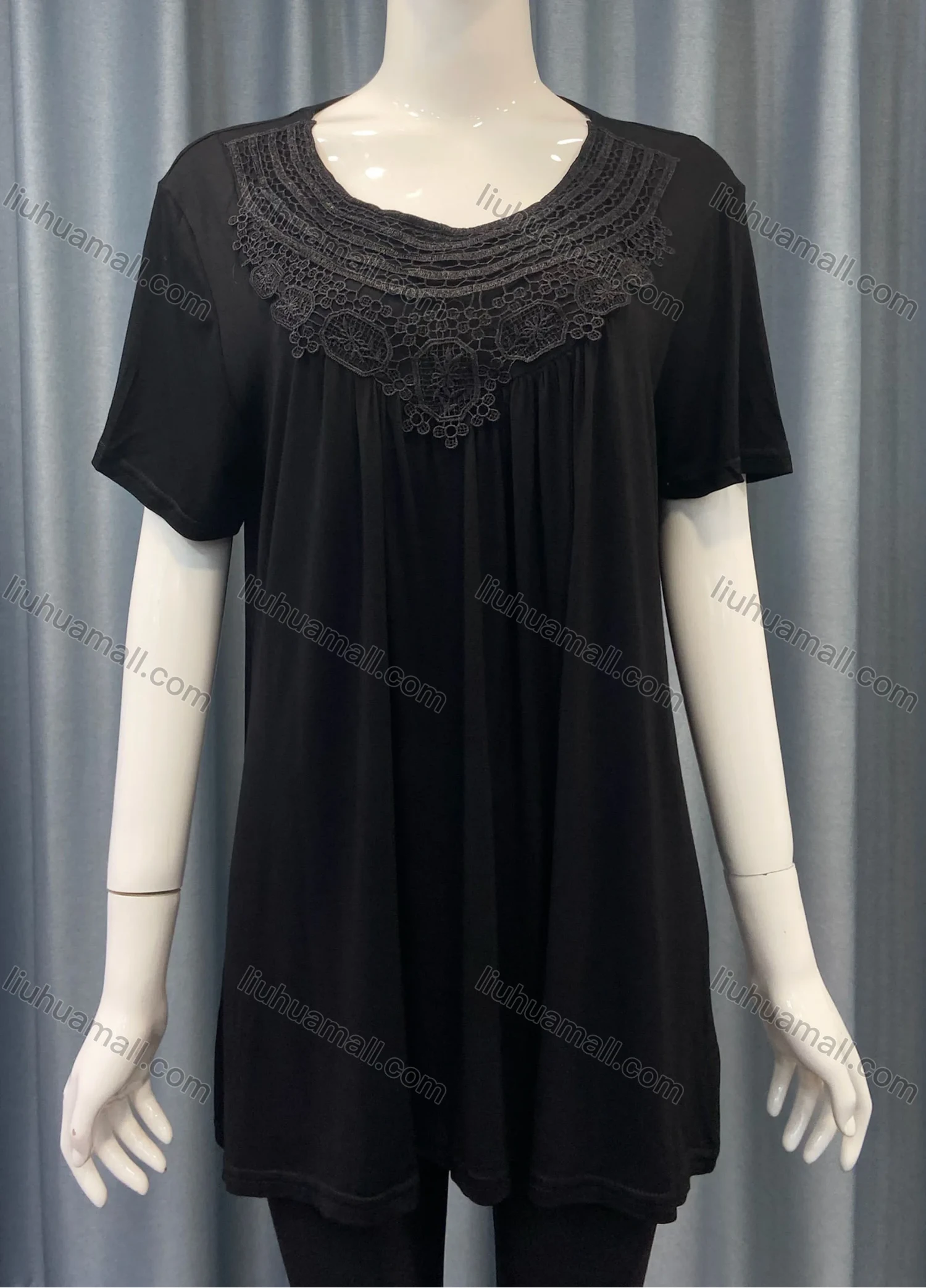 Wholesale Women's Casual Plain Guipure Lace Round Neck Short Sleeve Ruched Blouse - Liuhuamall