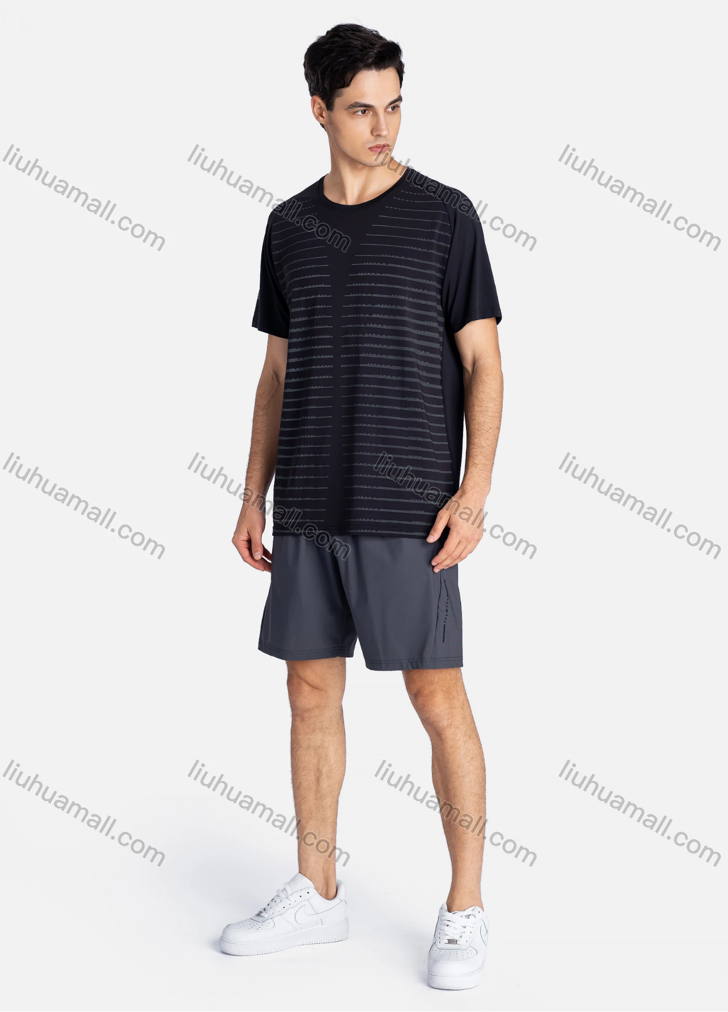 Wholesale Men's Sporty Crew Neck Breathable Striped Letter Print Quick Drying T-shirts - Liuhuamall