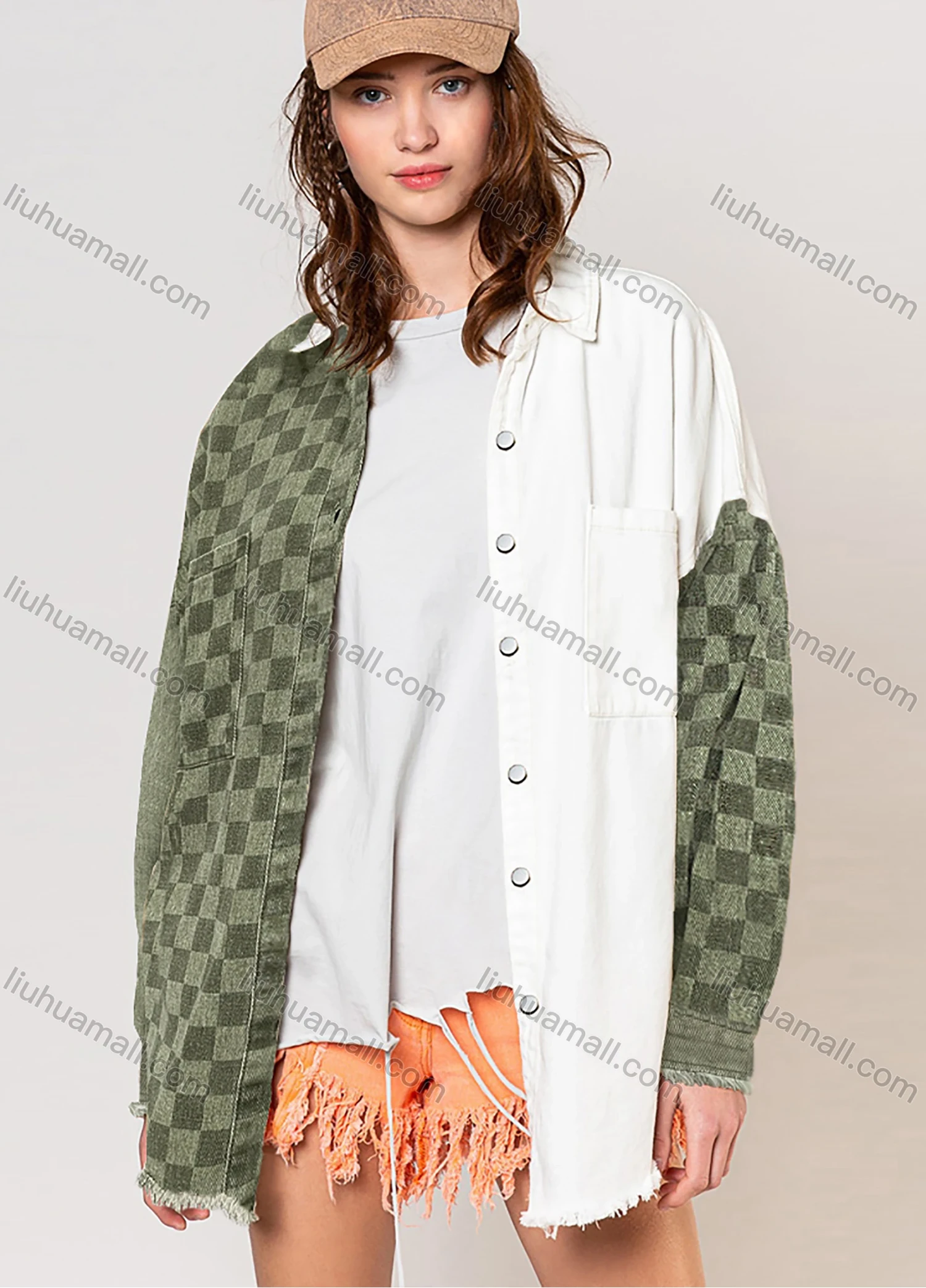 Wholesale Women's Casual Checkerboard Print Colorblock Knit Ripped Long Sleeve Patch Pocket Button Down Overshirt Jacket - Liuhuamall