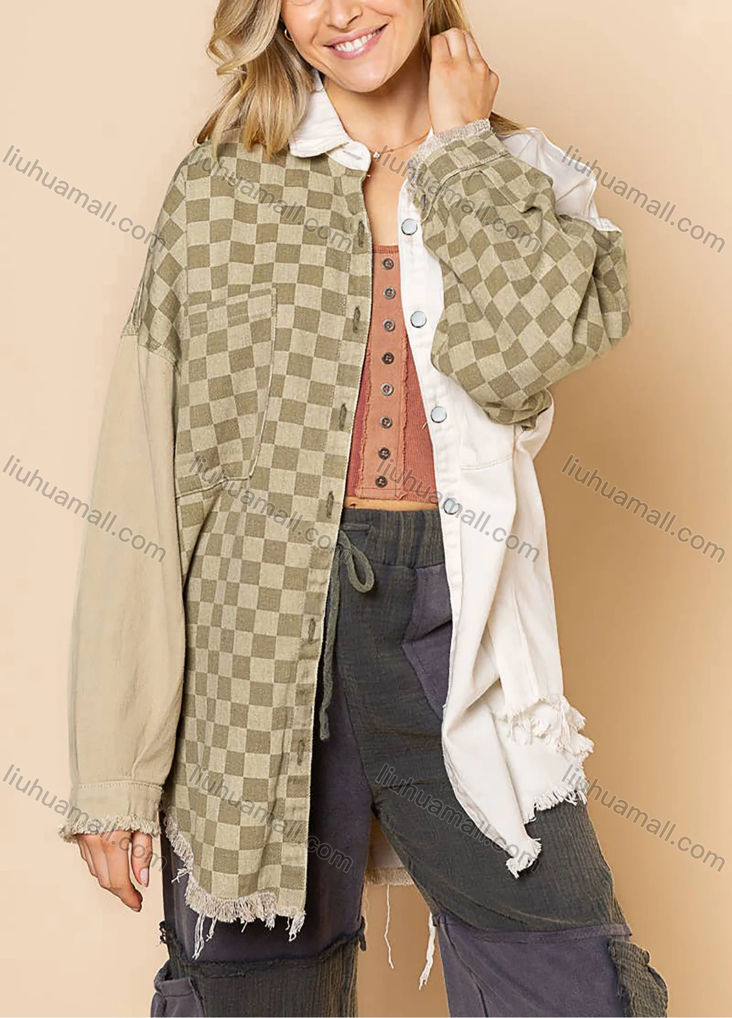 Wholesale Women's Casual Checkerboard Print Colorblock Knit Ripped Long Sleeve Patch Pocket Button Down Overshirt Jacket - Liuhuamall