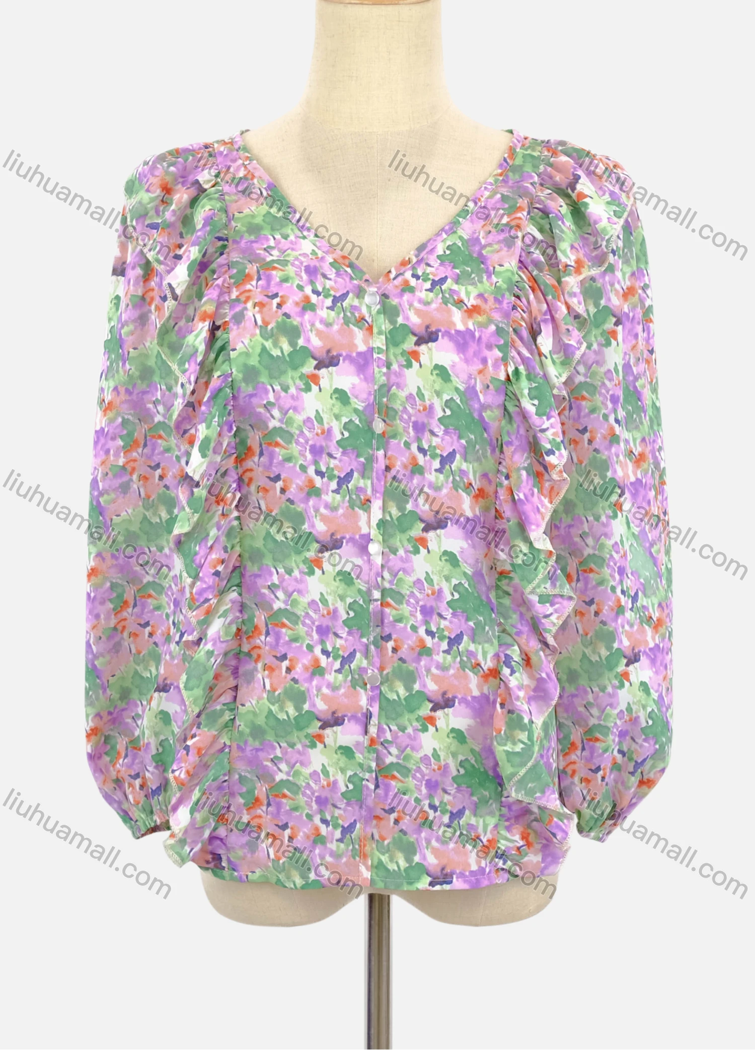 Wholesale Women's Casual V Neck Long Sleeve Button Front Ruffle Trim Ruched Floral Print Blouse - Liuhuamall