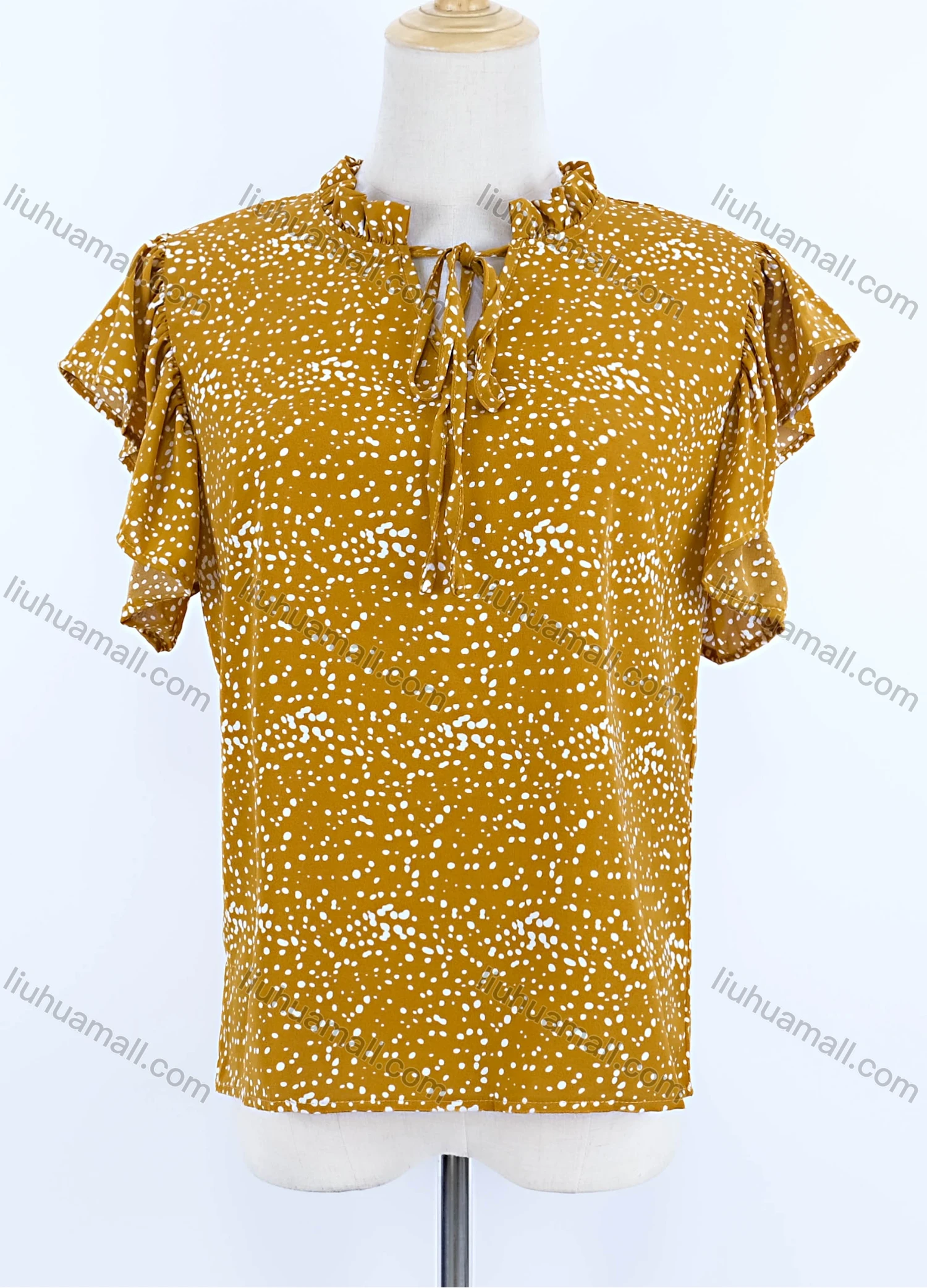 Wholesale Women's Casual Tie Neck Cap Sleeve Pin Dot Ruffle Trim Blouse - Liuhuamall