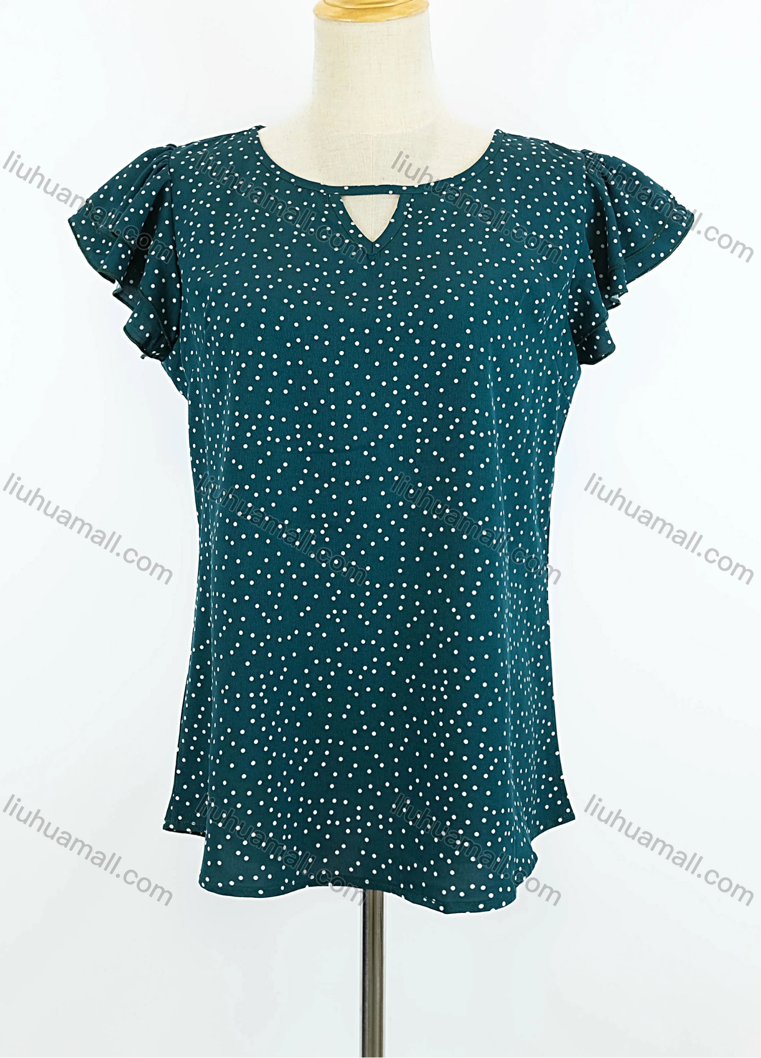 Wholesale Women's Casual Crew Neck Cap Sleeve Pin Dot Ruffle Trim Blouse - Liuhuamall