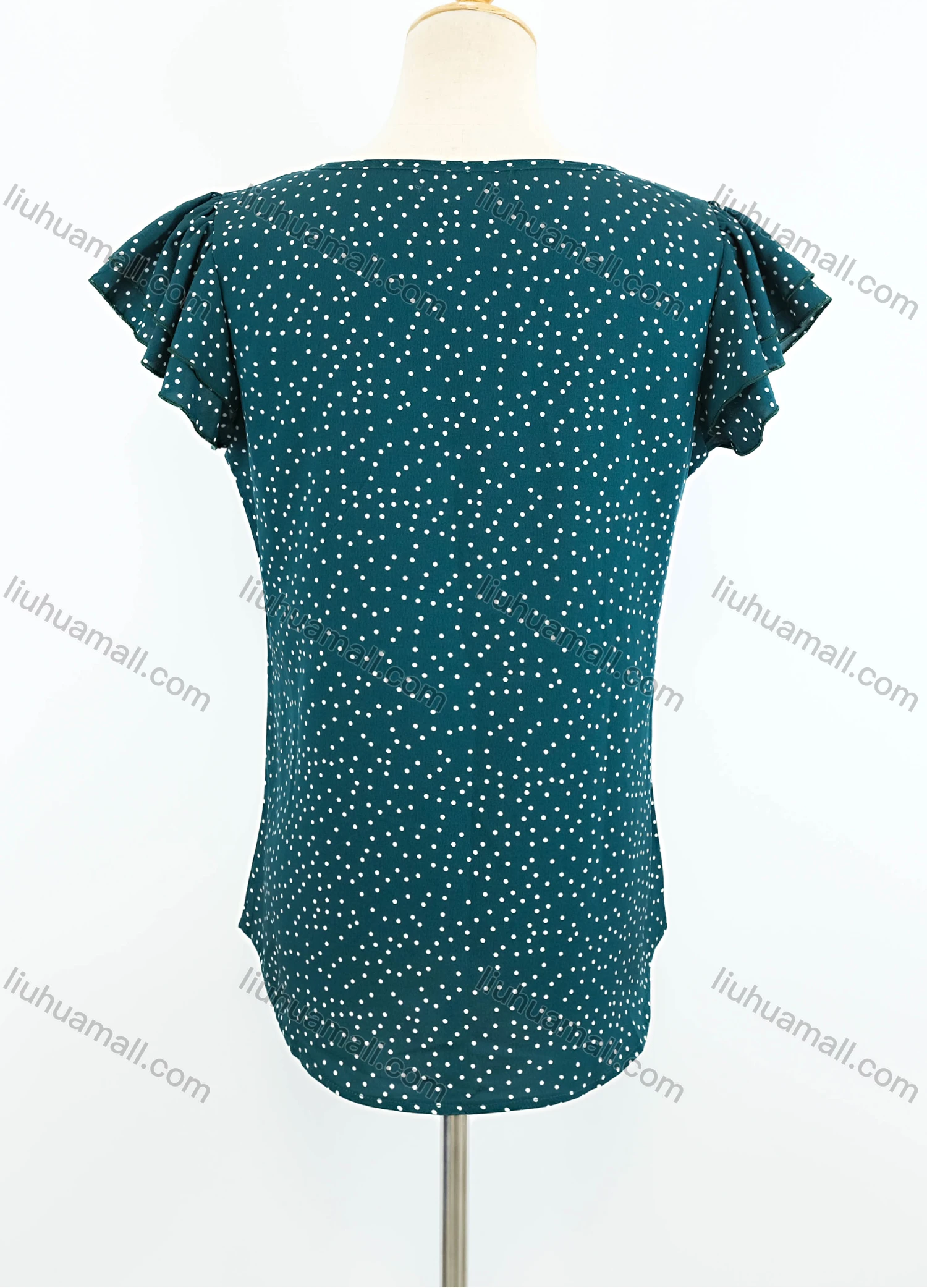 Wholesale Women's Casual Crew Neck Cap Sleeve Pin Dot Ruffle Trim Blouse - Liuhuamall