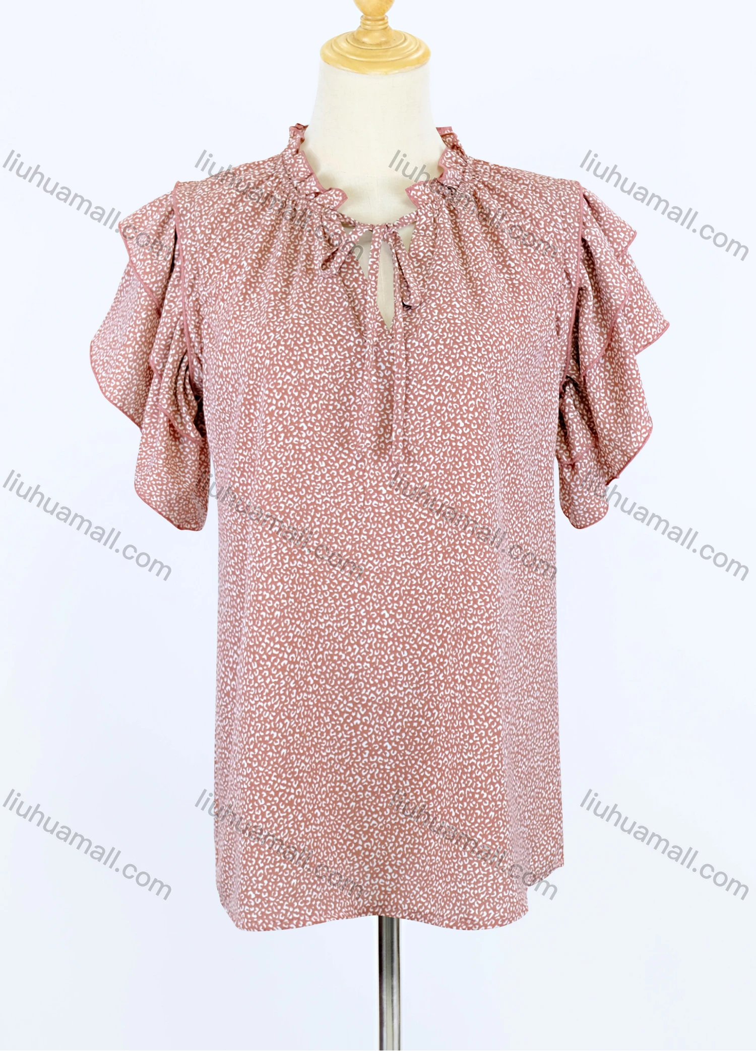 Wholesale Women's Casual Tie Neck Layered Sleeve Allover Print Ruffle Trim Blouse - Liuhuamall