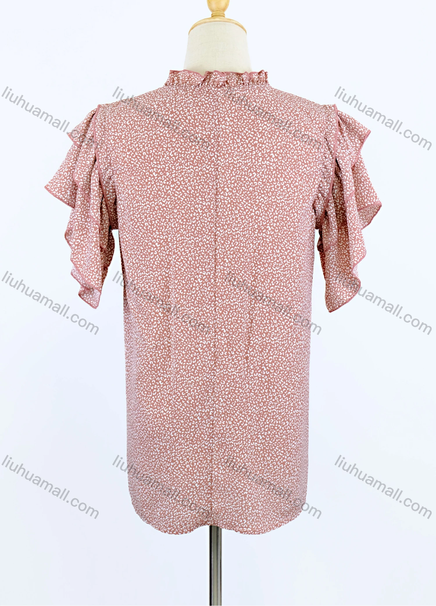 Wholesale Women's Casual Tie Neck Layered Sleeve Allover Print Ruffle Trim Blouse - Liuhuamall