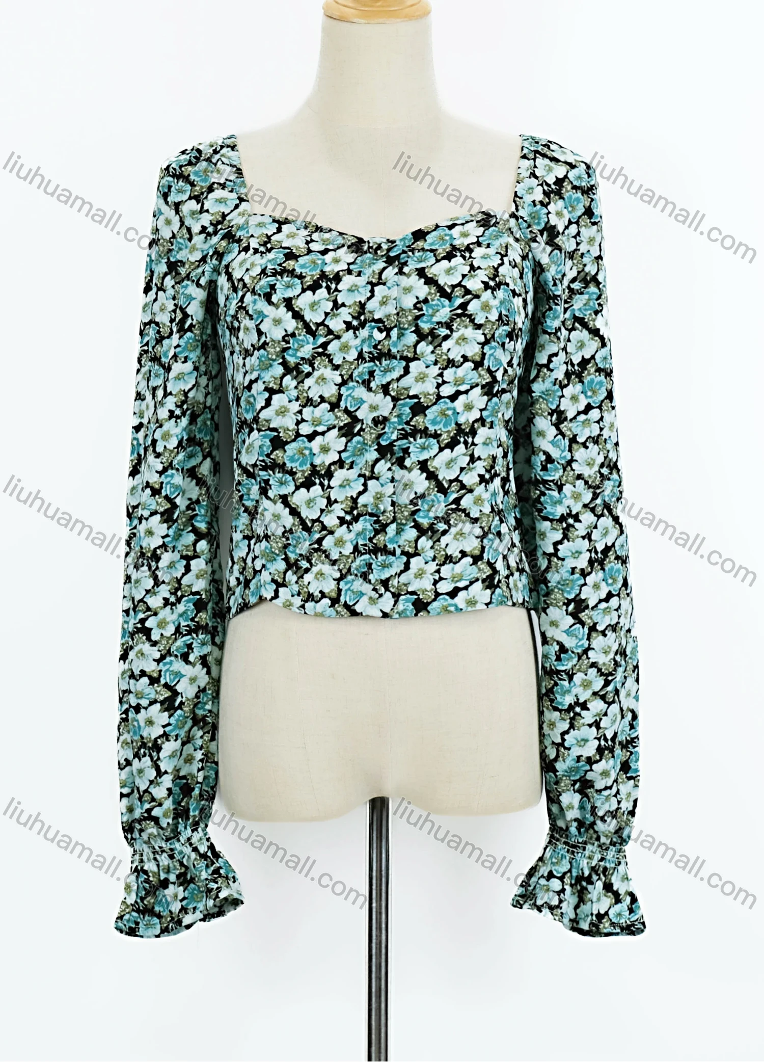 Wholesale Women's Casual Sweetheart Neck Poet Sleeve Floral Print Button Front Tie Back Blouse - Liuhuamall