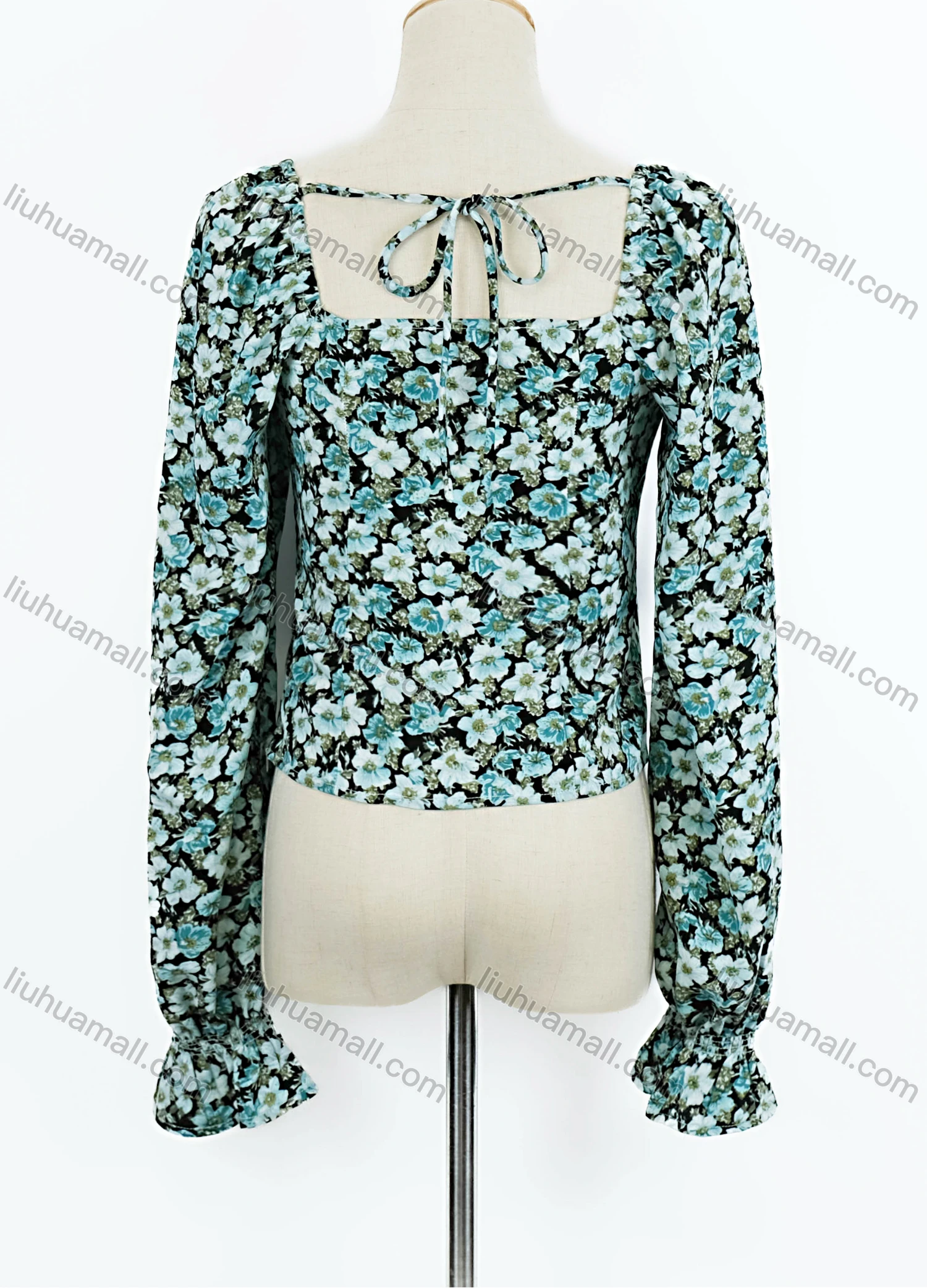 Wholesale Women's Casual Sweetheart Neck Poet Sleeve Floral Print Button Front Tie Back Blouse - Liuhuamall