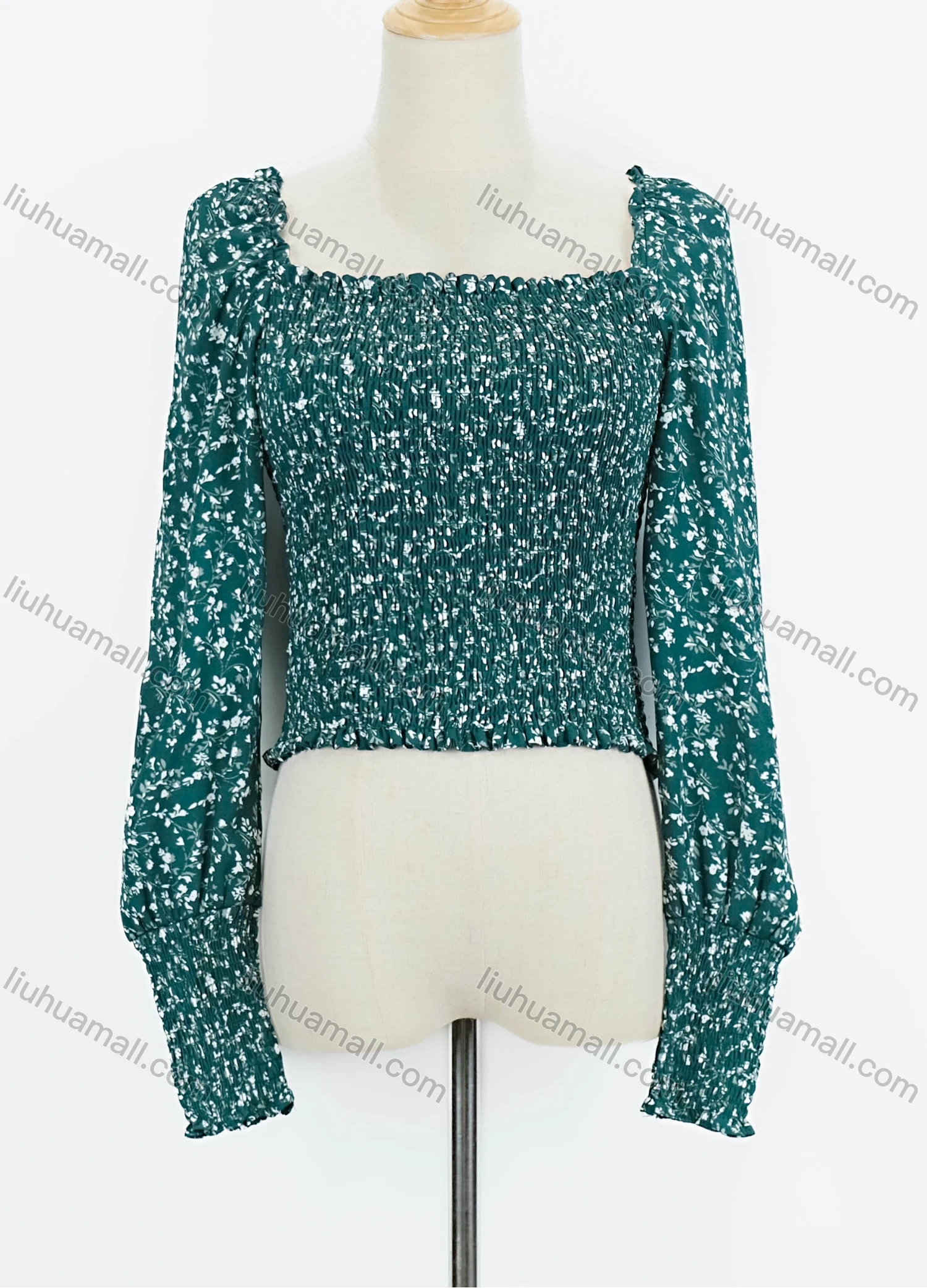 Wholesale Women's Casual Square Neck Bishop Sleeve Ditsy Floral Print Shirred Ruffle Trim Blouse - Liuhuamall