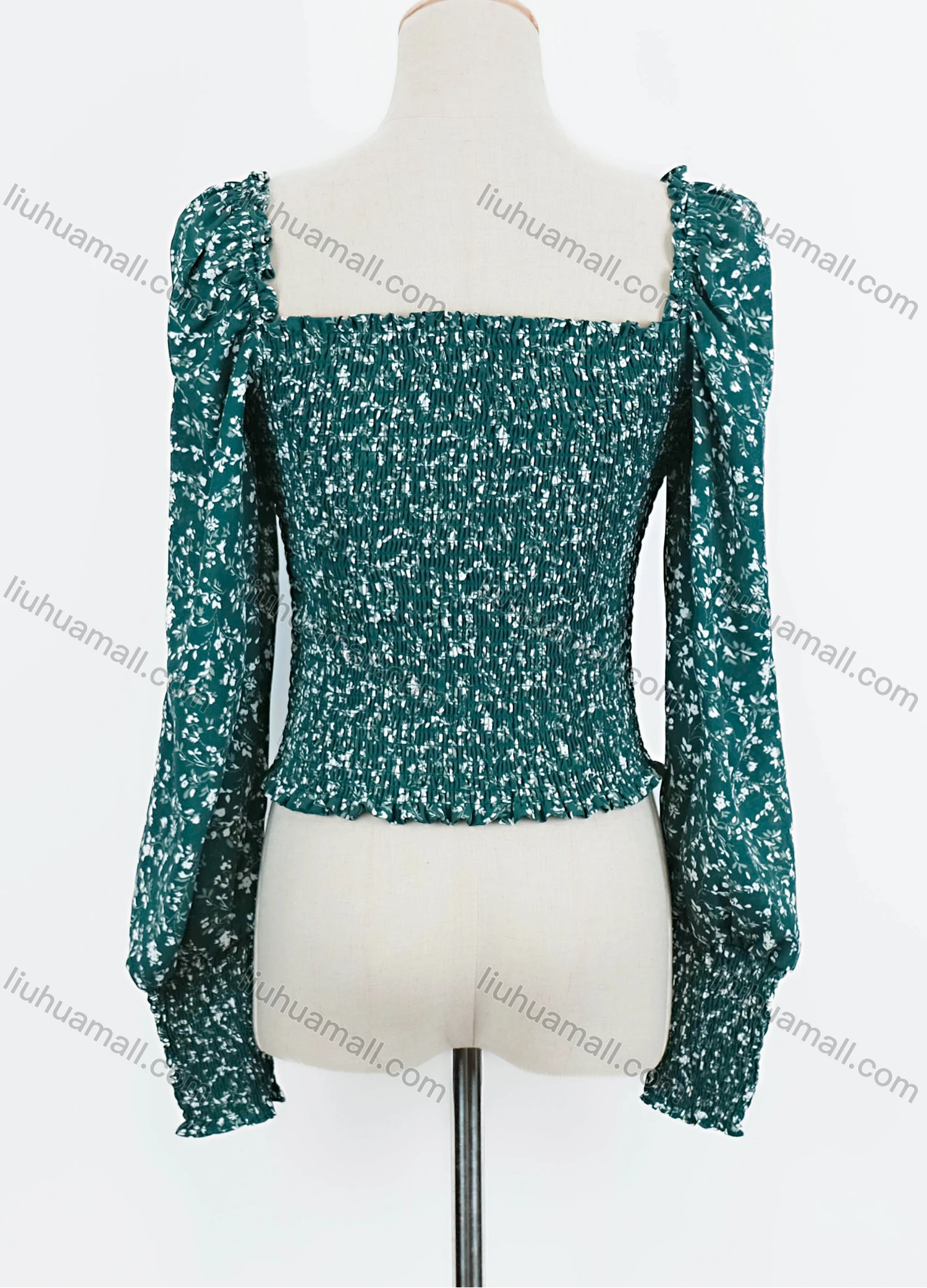 Wholesale Women's Casual Square Neck Bishop Sleeve Ditsy Floral Print Shirred Ruffle Trim Blouse - Liuhuamall